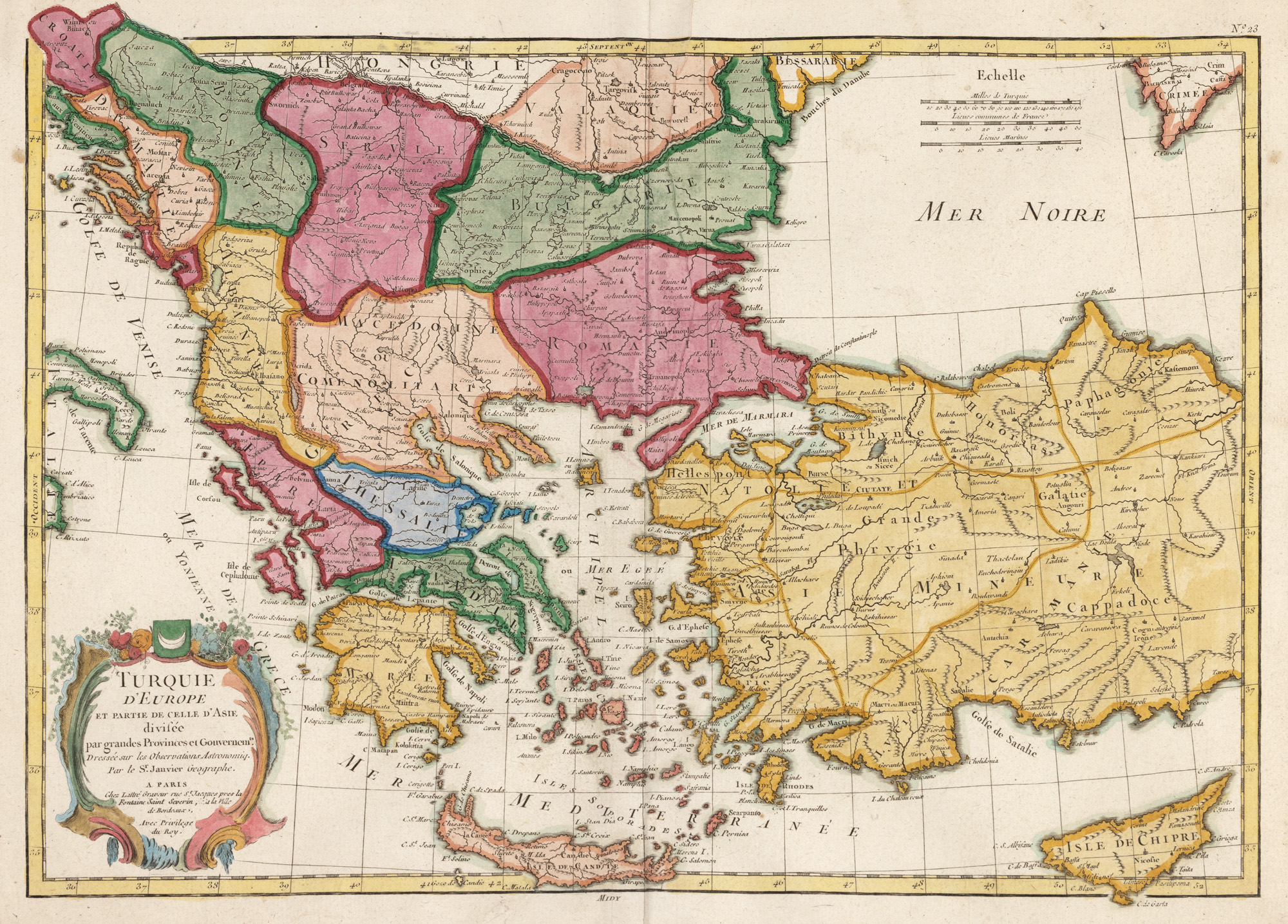Hartă ”Turcia Europeană și o parte a Turciei asiatice”, desenată de Jean Janvier, publicată de Jean Lattré, Paris, 1775