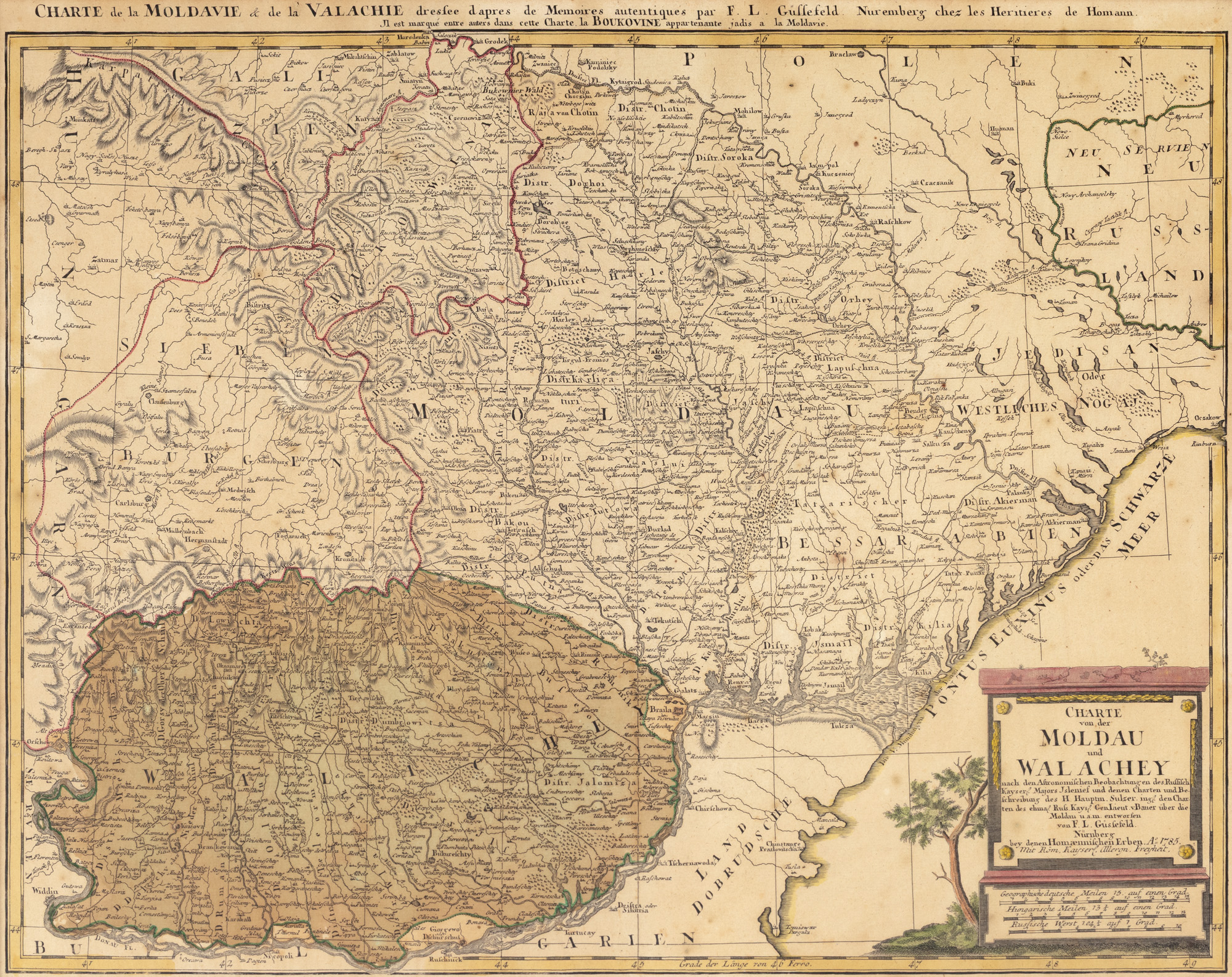 Hartă ”Moldova și Țara Românească”, de Johann Baptist Homann, Nürnberg, 1785