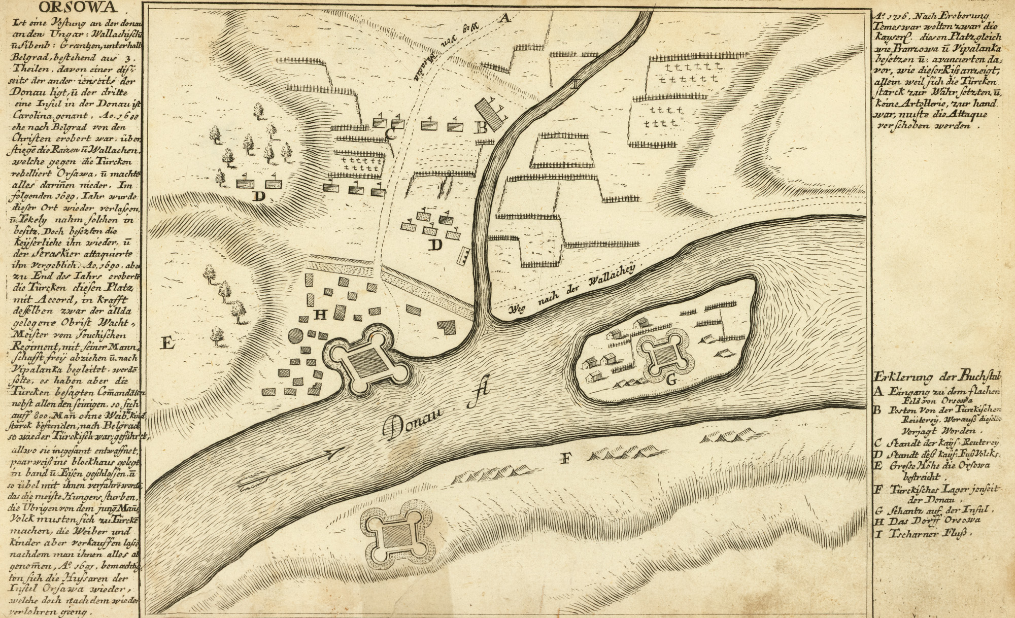 "View of Orșova", also illustrating Ada Kaleh island, by Gabriel Bodenehr, approx. 1720