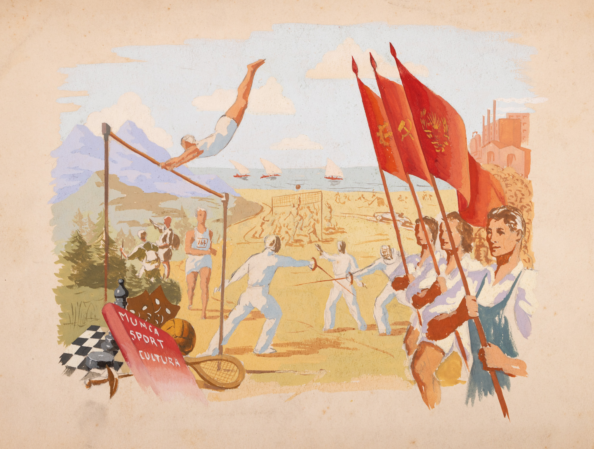 Planșă originală a unei lucrări de propagandă, ”Muncă, sport, cultură”, cca. 1965