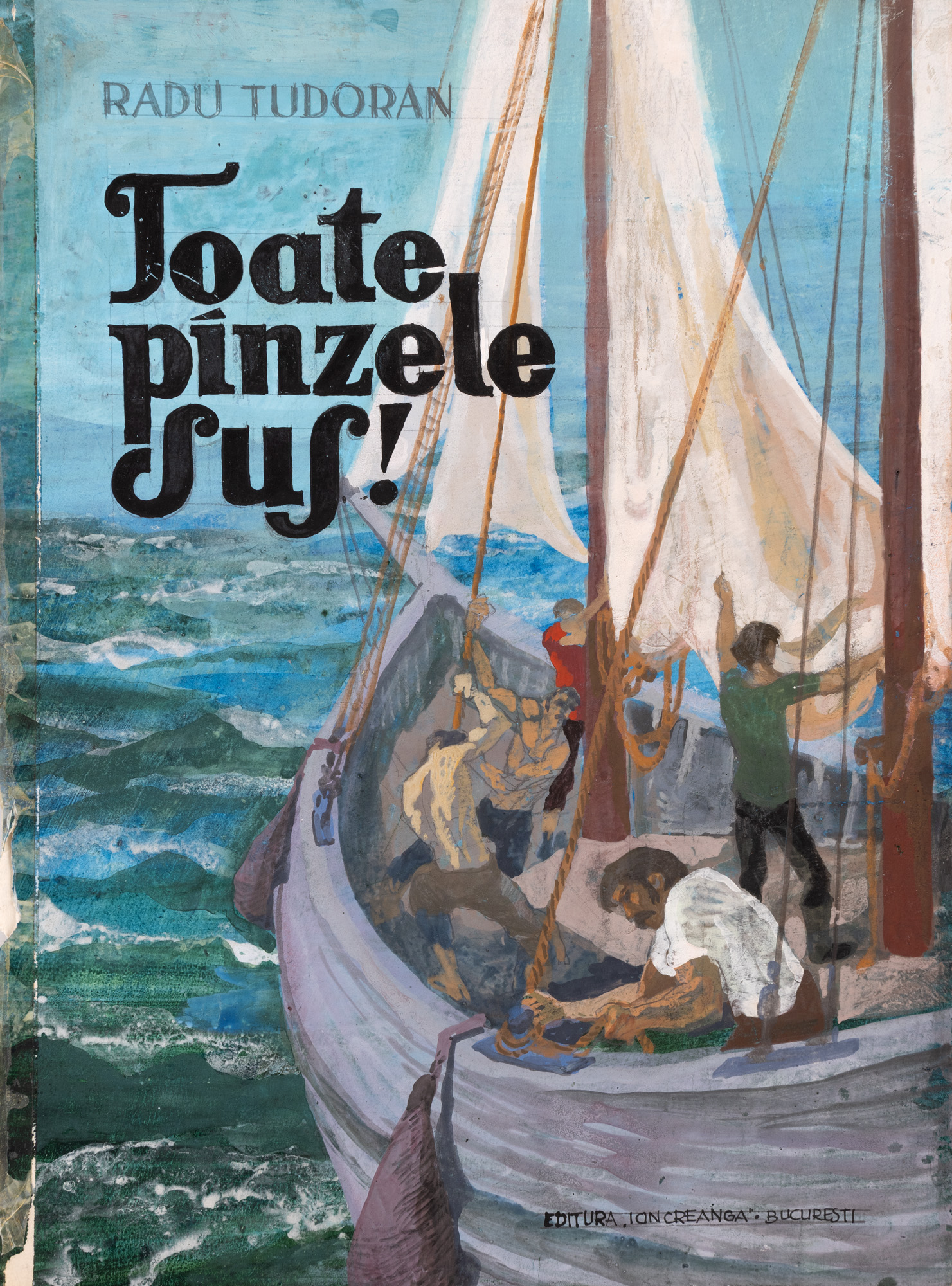 Dublă planșă originală desenată de Romeo Voinescu pentru ”Toate pânzele sus”, cca. 1985 (2 file)