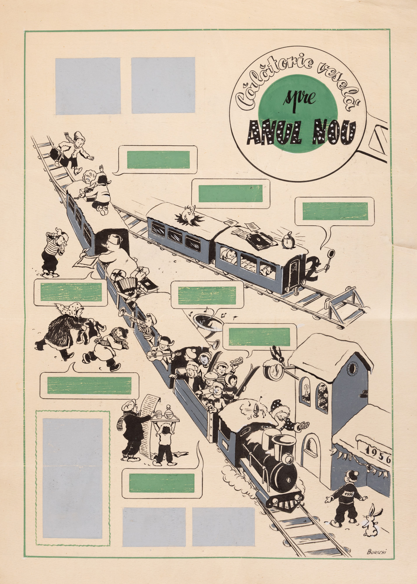 Planșă originală de bandă desenată realizată de artistul Burschi (Max Emanuel Gruder) pentru ”Călătorie spre Anul Nou”, 1956