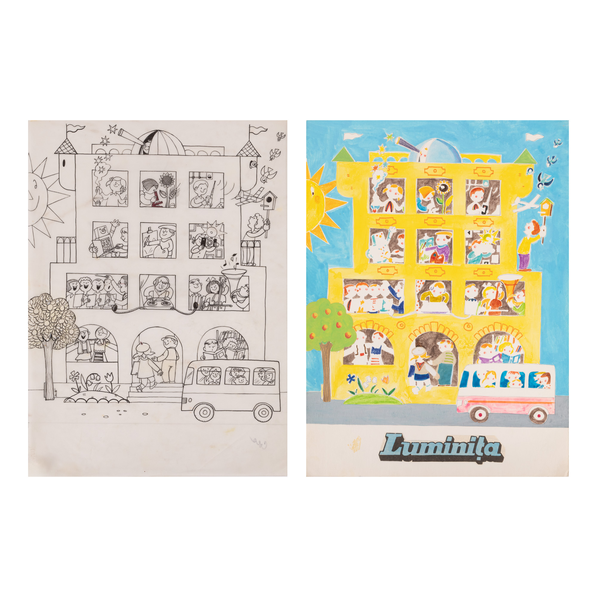 Lot format din planșă originală și acetofan, desenate de Burschi Gruder pentru coperta revistei ”Luminița” nr. 7/1985