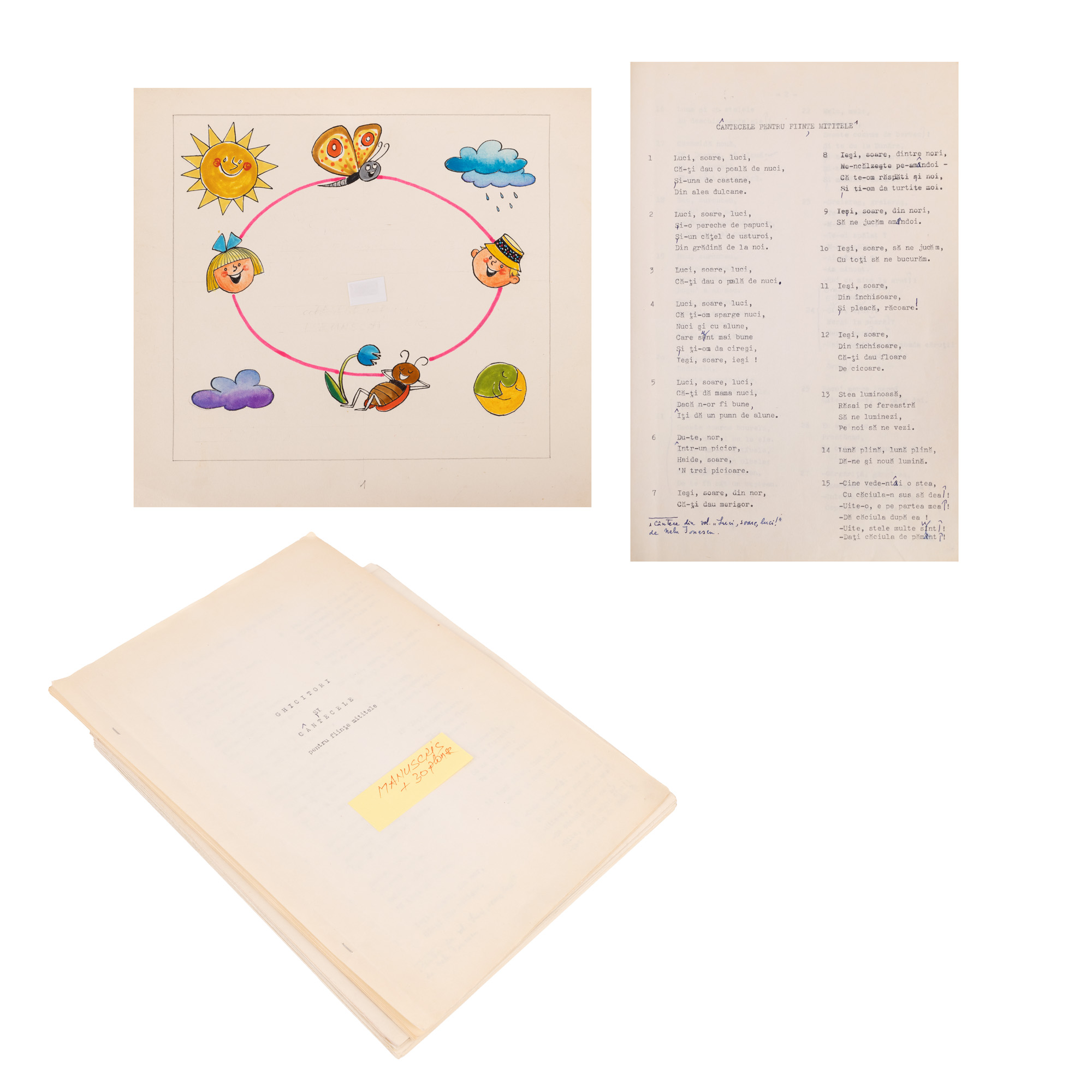 "Model “Riddles and songs for little beings”, manuscript and 30 original nets made by Burschi (Max Emanuel Gruder), cca. 1981"