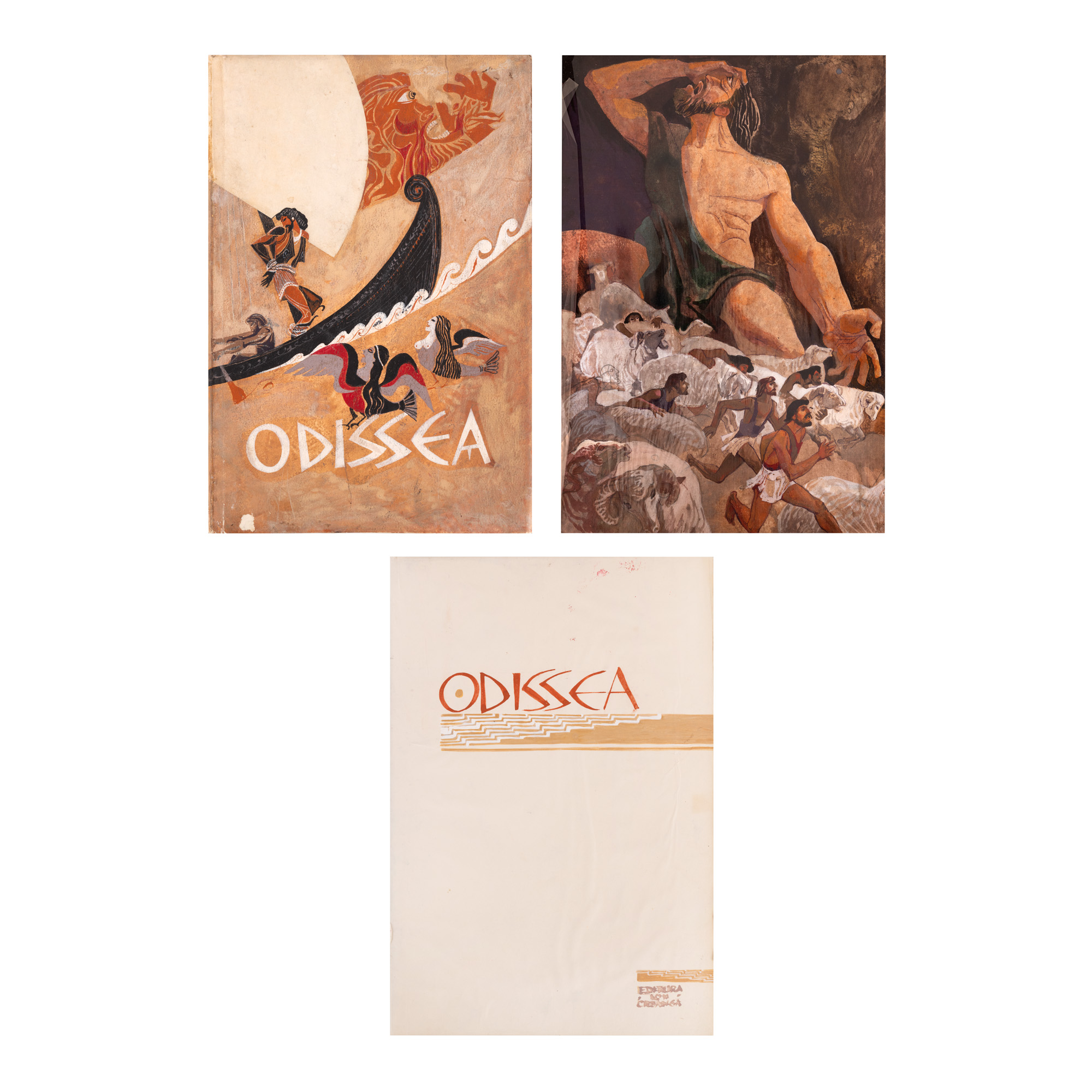 Macheta originală ”Odissea”, coperțile principale plus patru ilustrații, realizate de Romeo Voinescu, semnate, 1983