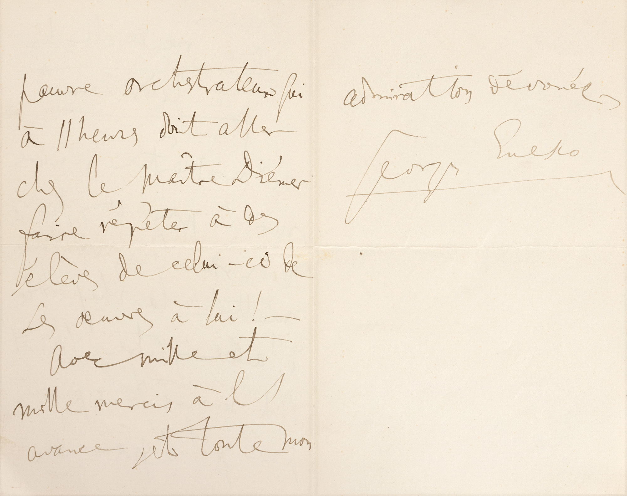 Scrisoare olografă, redactată și semnată de George Enescu, referitoare la o repetiție cu una din Rapsodiile Române, perioada interbelică