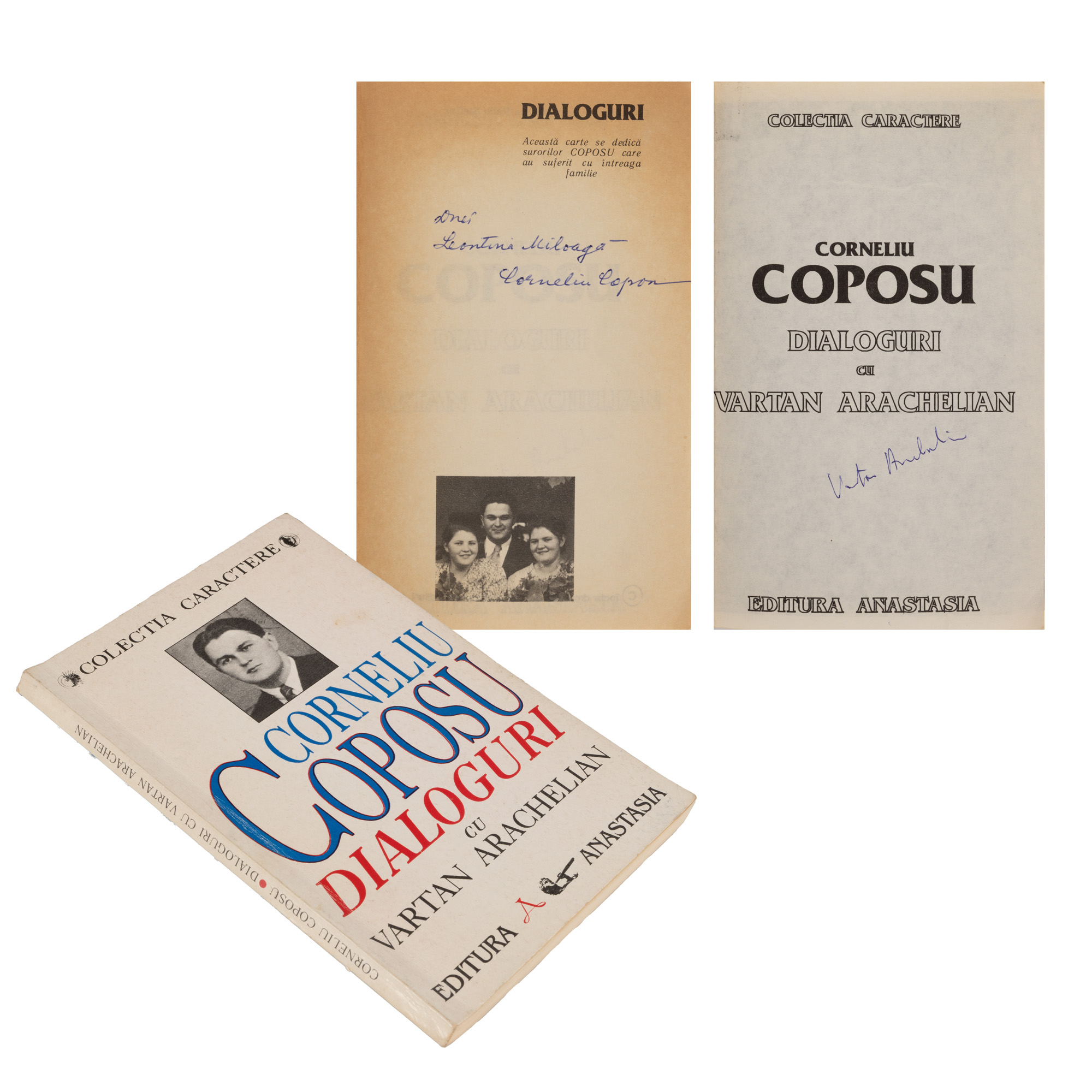 ”Dialoguri cu Vartan Arachelian”, de Corneliu Coposu, București, 1991, cu dedicația lui Corneliu Coposu și semnăturile olografe ale celor doi interlocutori