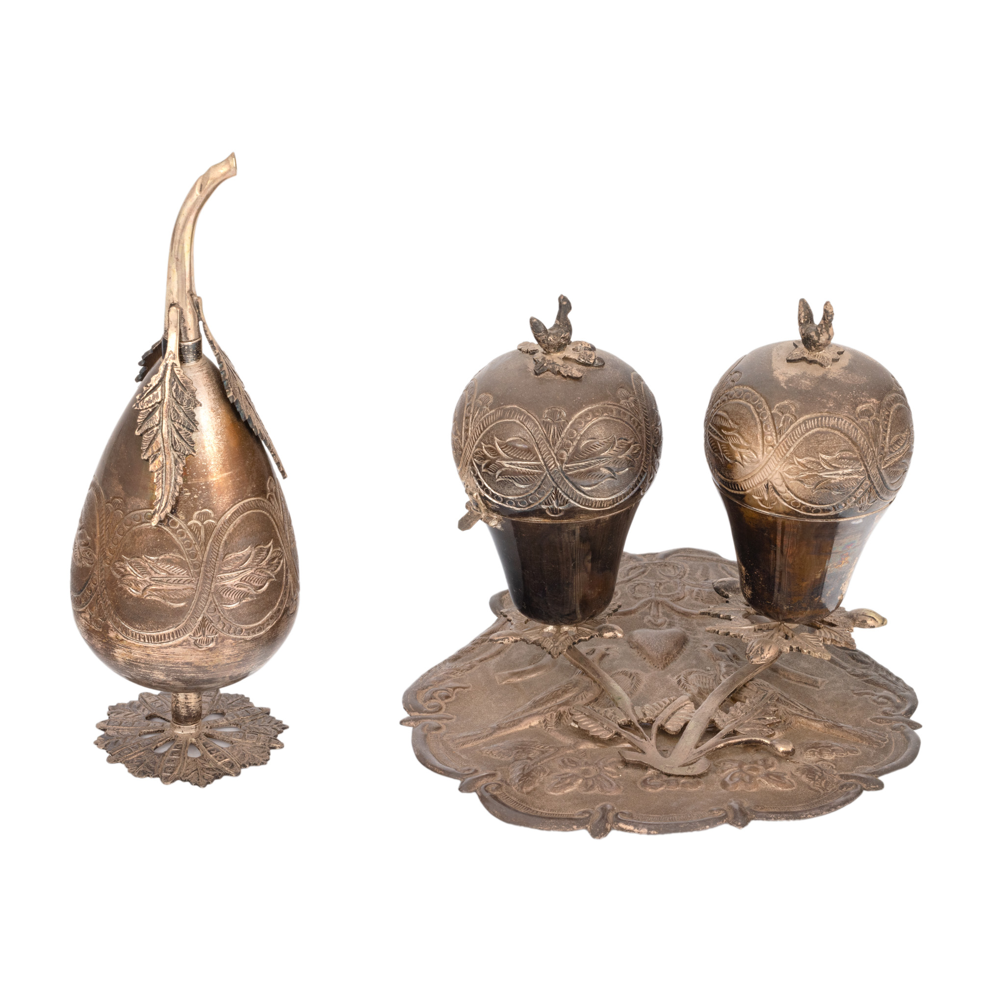Set of Judaic worship objects, silver, consisting of besamin and rose water container