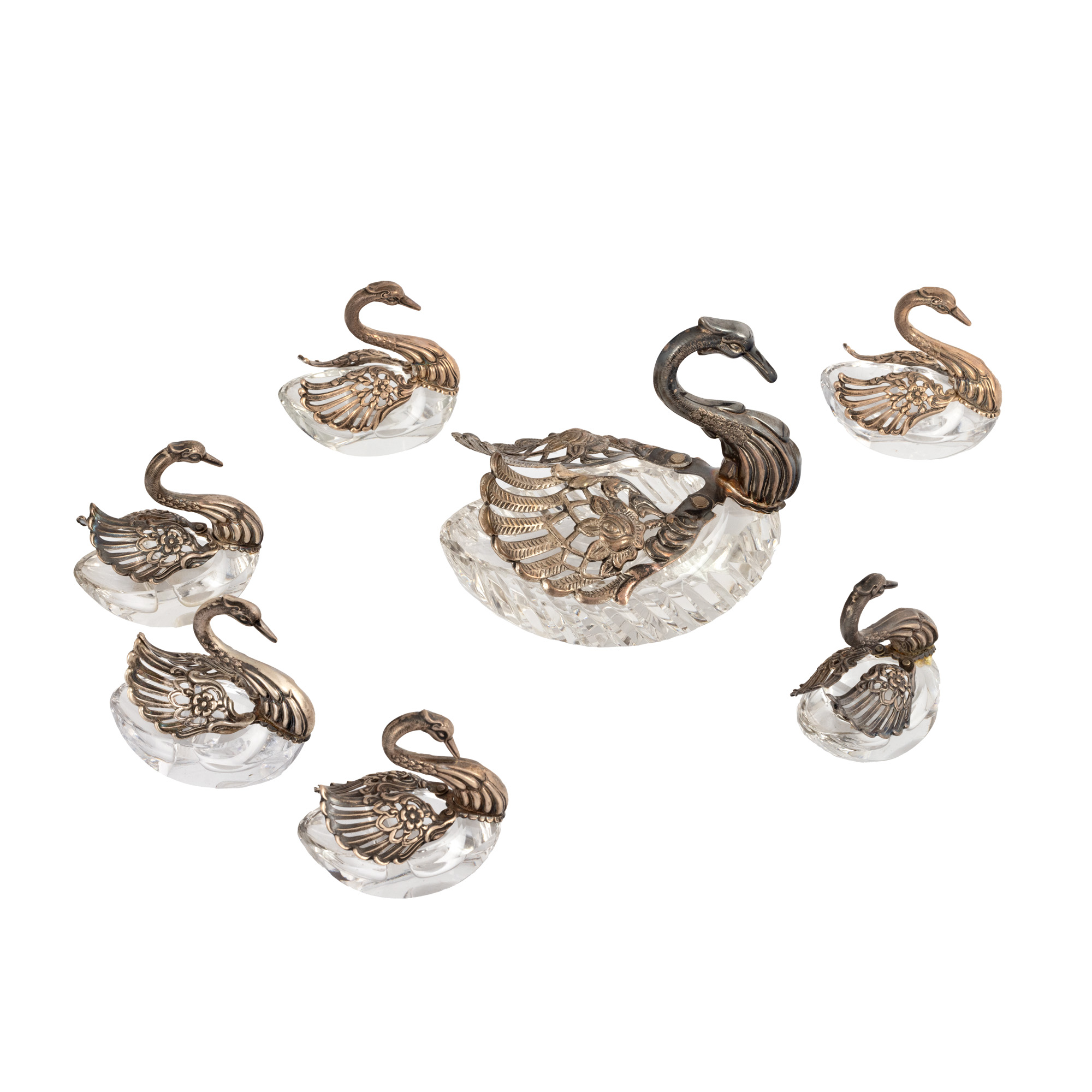 Set of containers, made of crystal and silver in the shape of swans