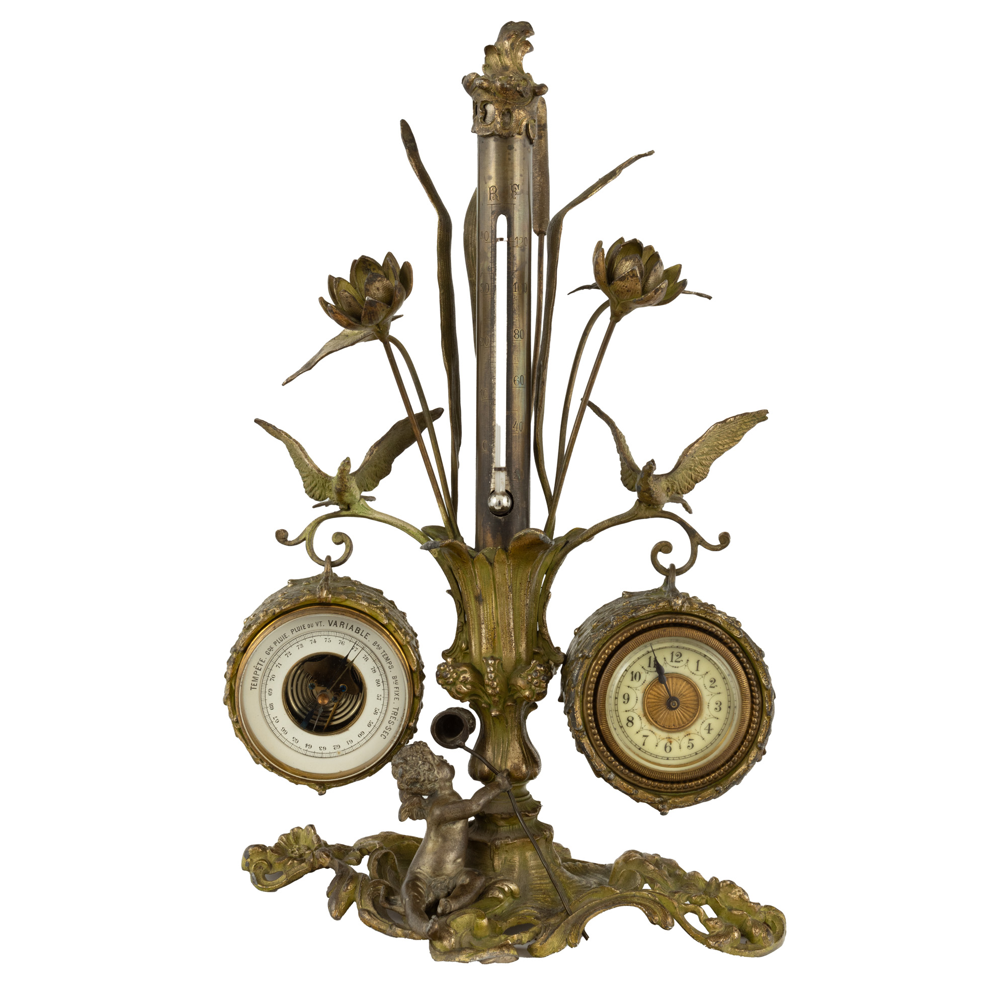 Belle Epoque style weather station, consisting of thermometer, barometer and clock, adorned with reeds and Cupid, cca. 1900