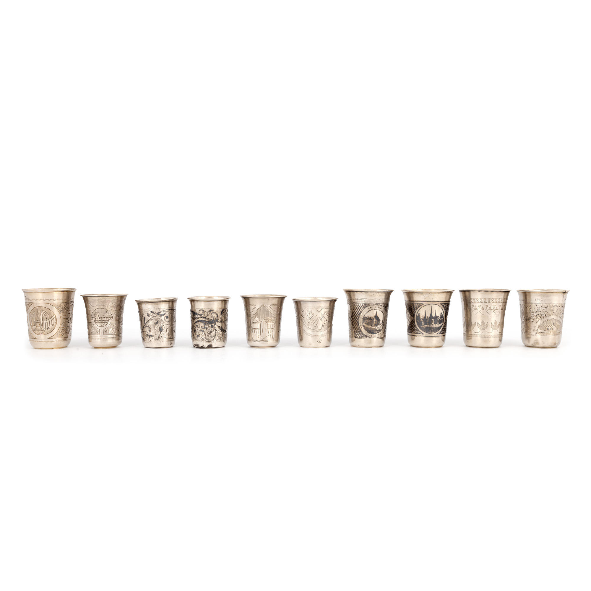 Lot composed of 10 silver glasses, decorated with niello