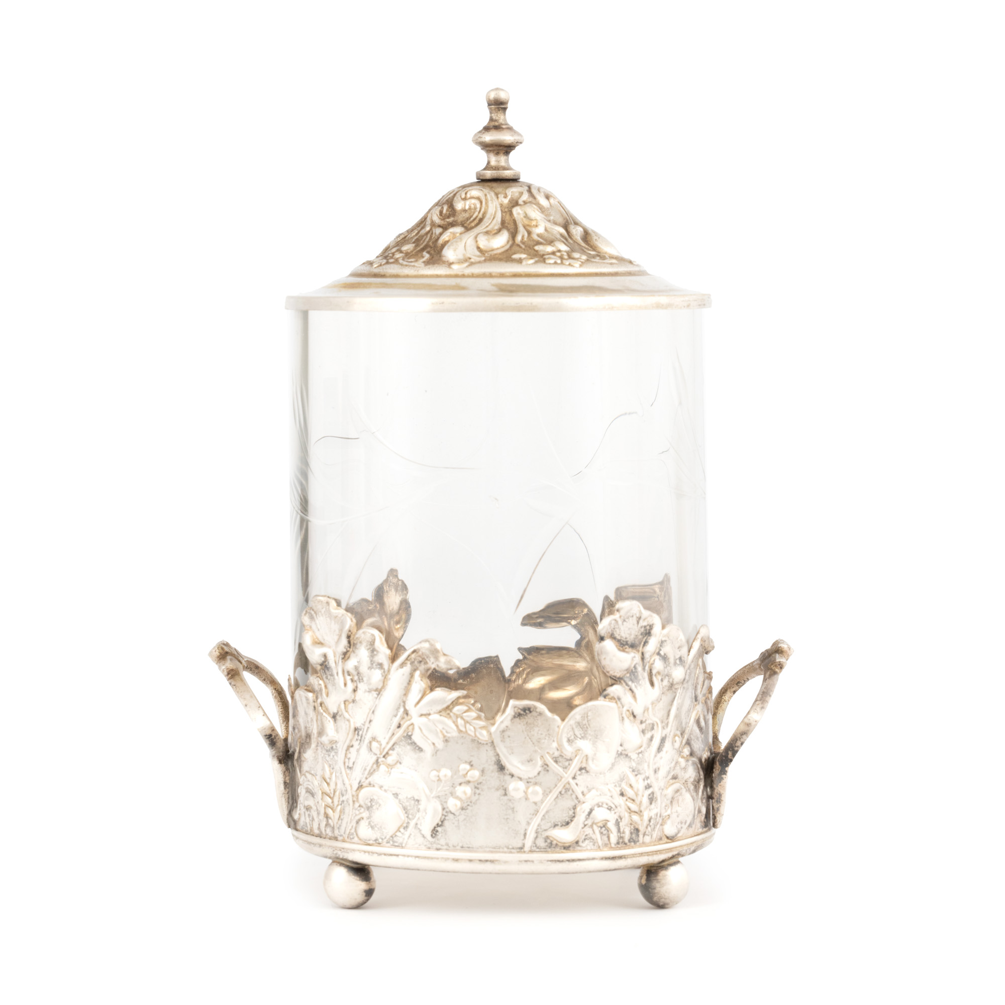 Recipient Art Nouveau pentru biscuiți, din cristal și metal argintat, cca. 1900