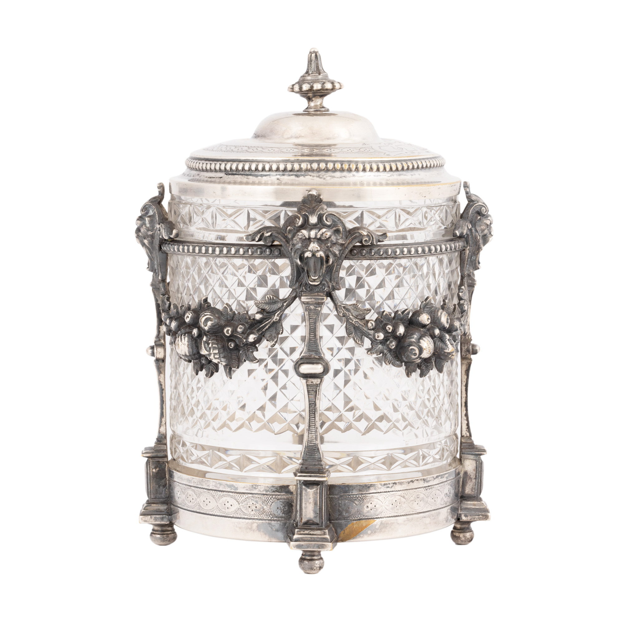 Recipient Victorian pentru biscuiți din sticlă și metal argintat, începutul sec. XX