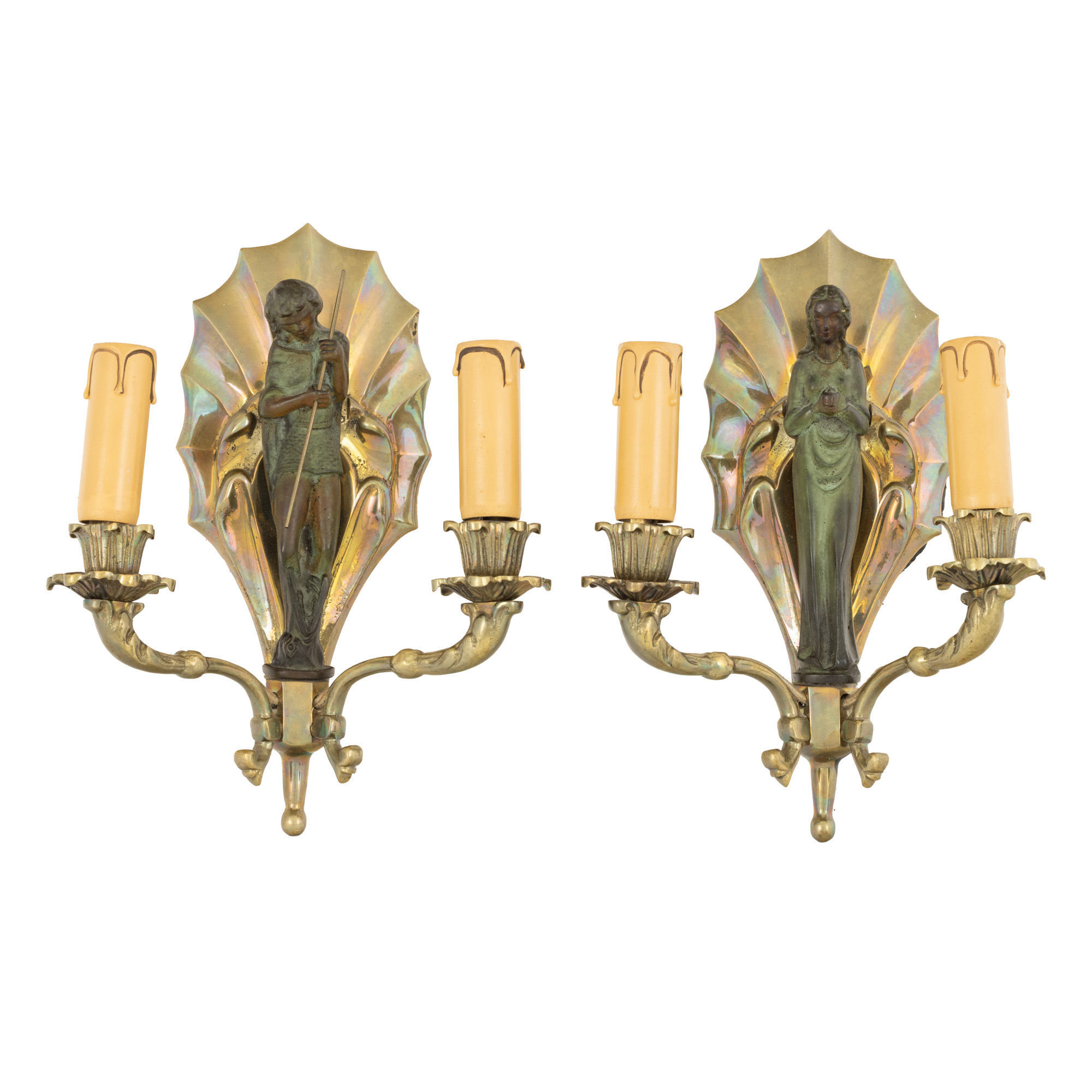 Pereche de aplice Art Deco, din alamă, decorată cu statuete din bronz (Fecioara Maria și Ioan Botezătorul), cca. 1920-1940