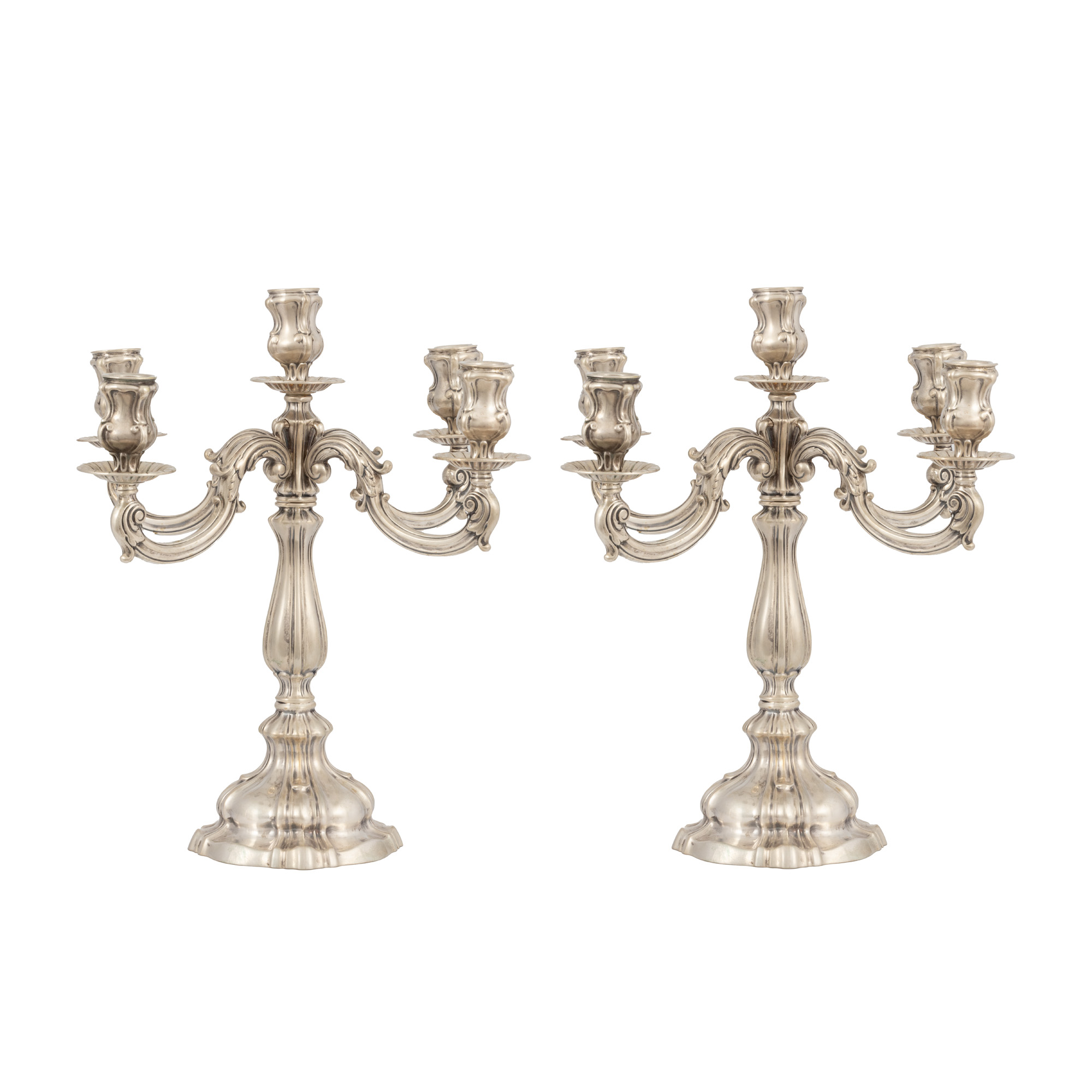 Pair of silver candelabras, with five lights
