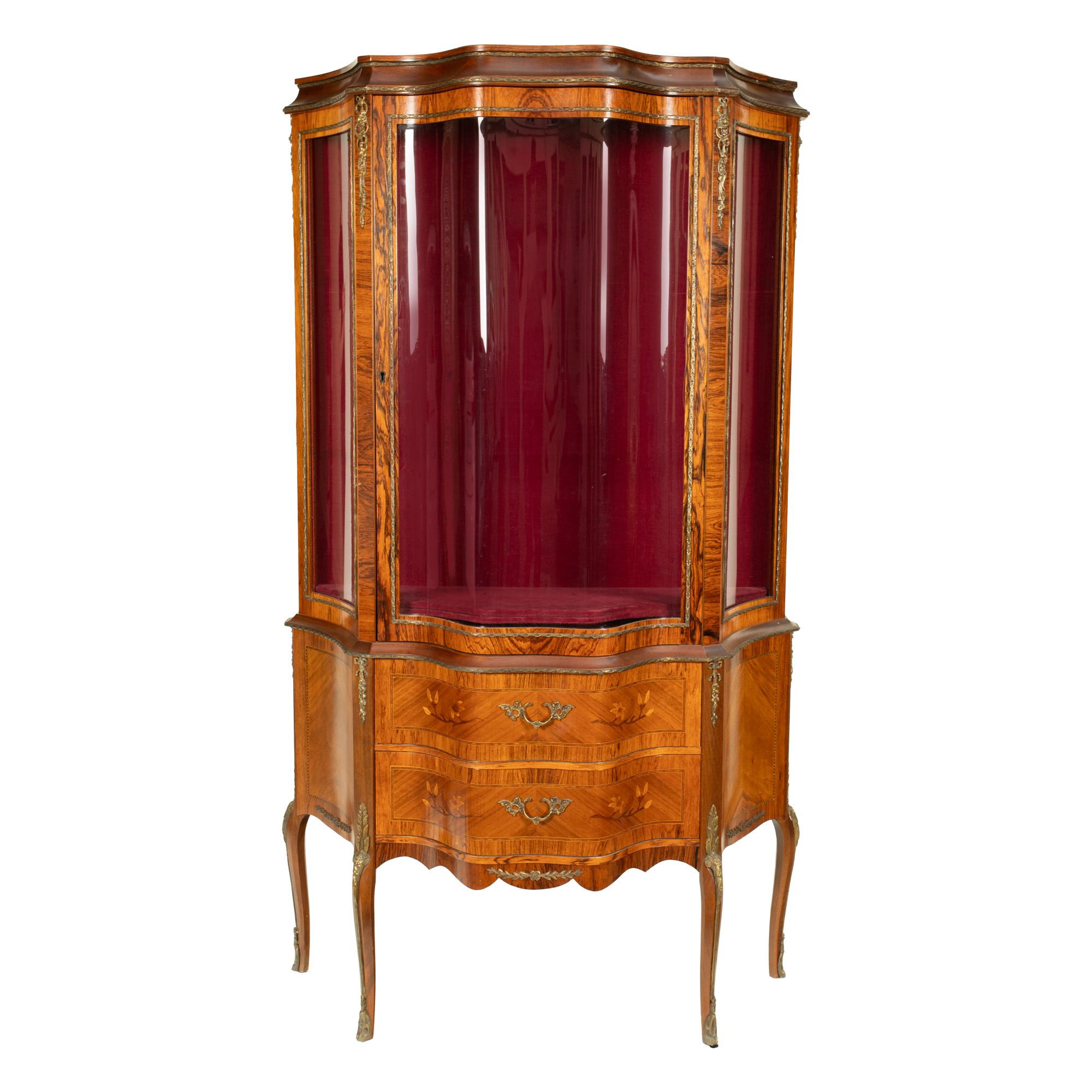 Vitrină în manieră Neo-Rococo, din lemn marchetat, cu sticlă curbată, cca. 1900