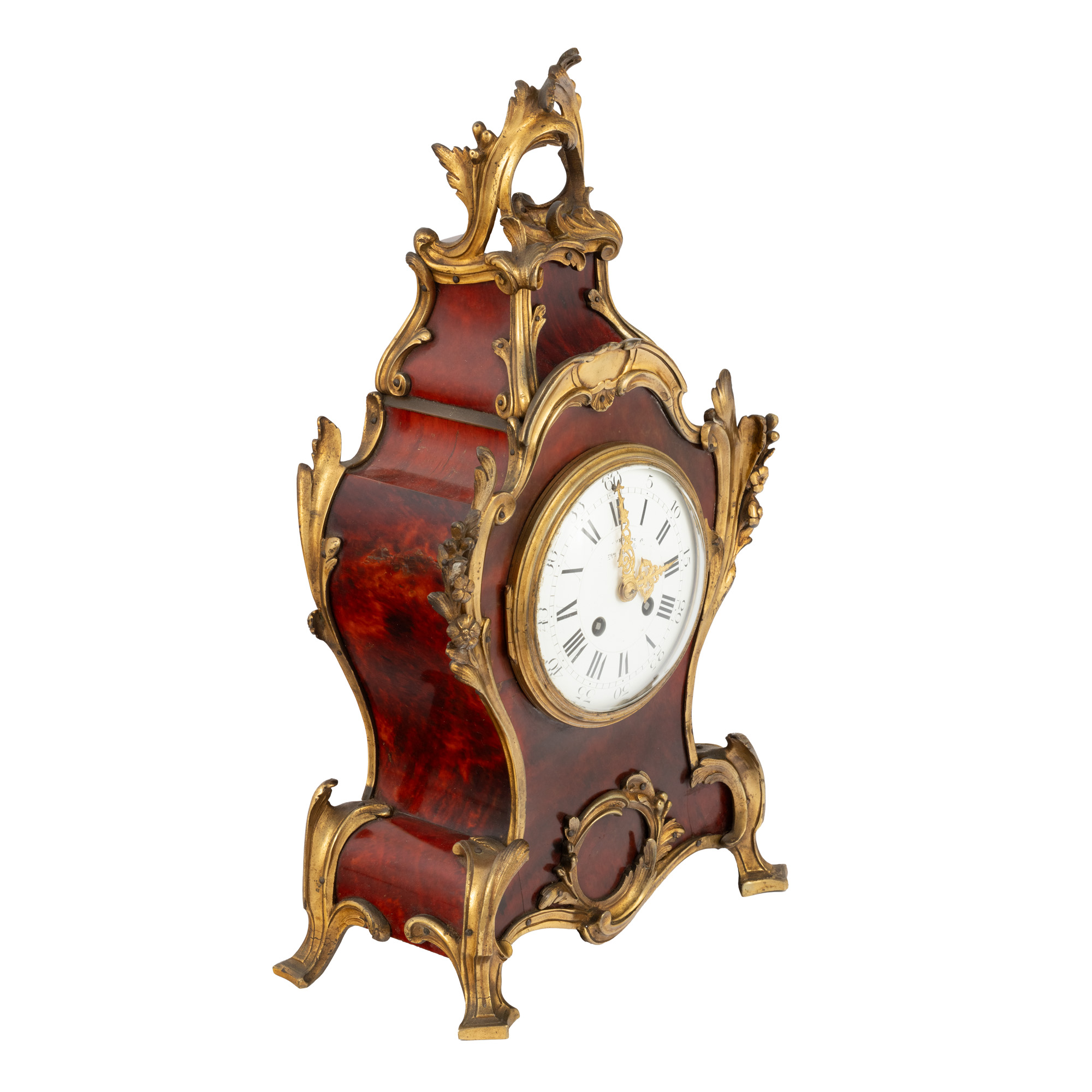 Ceas tip Boulle, pentru șemineu, mecanism Charvet Lyon, decorat cu elemente din bronz doré, cca. 1900
