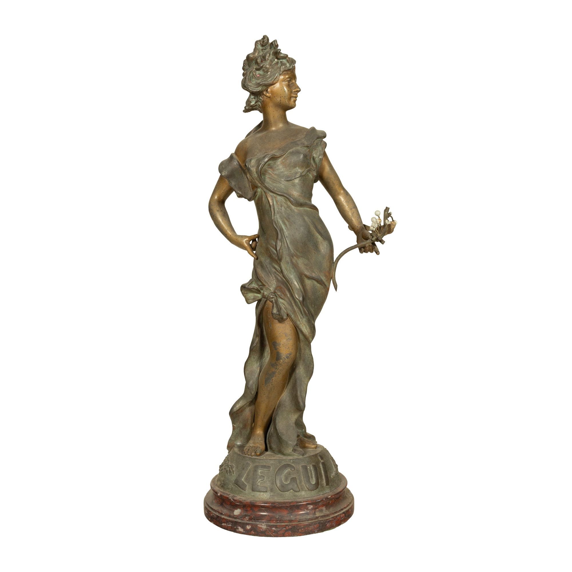 Decorative statuette, in Art Nouveau style, made of bronze, on a marble pedestal