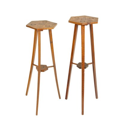 Pair of Neo-Romanian style pedestals, decorated with solar motifs, first half of the 20th century