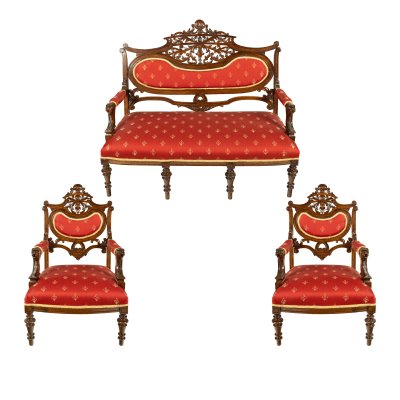 Garnitură de salon, în manieră Neo-Rococo, formată din banchetă și pereche de fotolii, cca. 1900