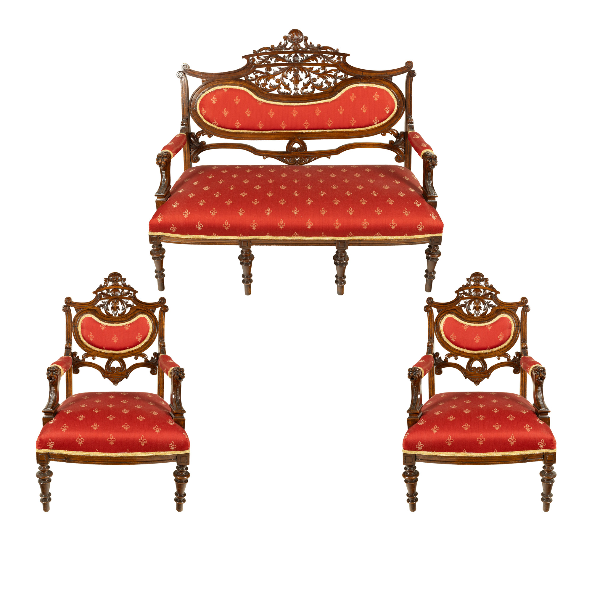 Neo-Rococo style salon set, consisting of a bench and pair of armchairs, circa 1900