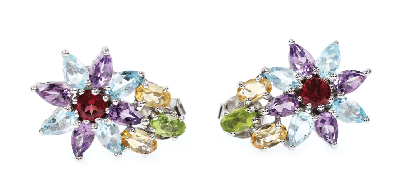 Pereche de cercei din argint aurit, decorată cu topaze, ametiste, citrine, peridote si rodolite