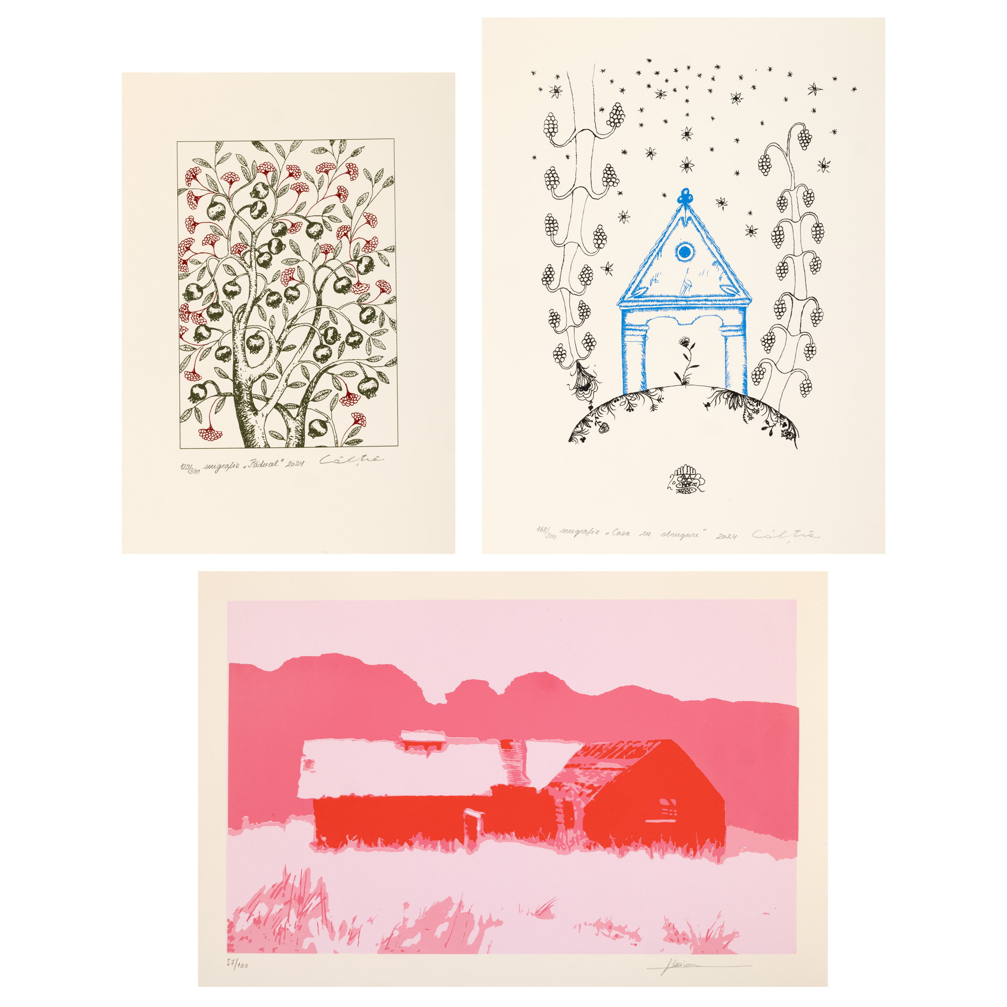 Lot format din trei serigrafii: „Casa cu struguri”, „Păducel” și „Cabin on Mount Baiului”