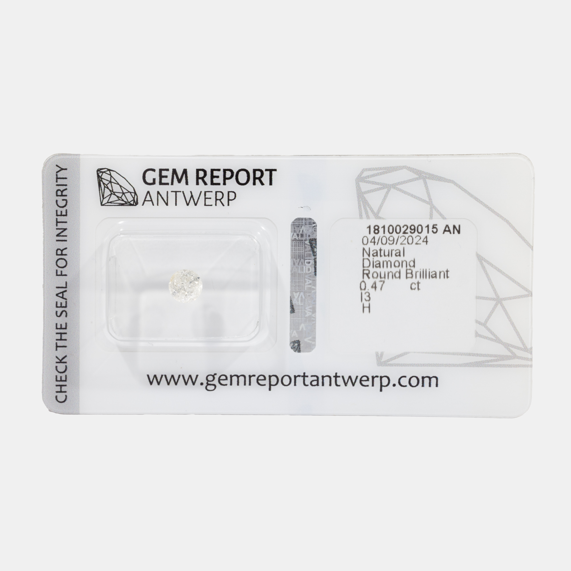 Diamant rotund briliant, cca. 0,47 ct, culoare H, claritate I3, însoțit de certificat gemologic AGE (Antwerp Gem Report)