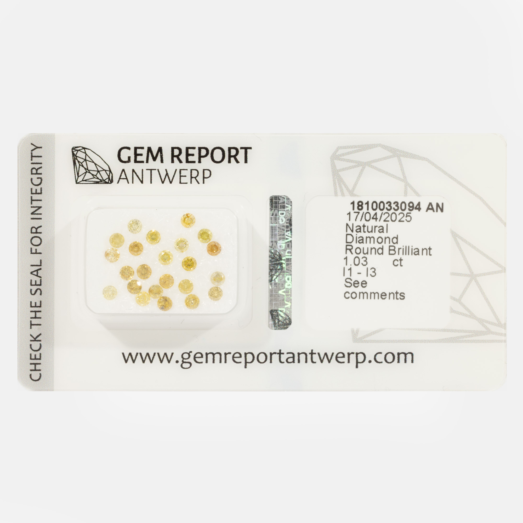Lot format din 23 diamante rotunde briliant, cca. 1,03 ct., Fancy Yellow, claritate I1-I3, însoțit de certificat gemologic Antwerp