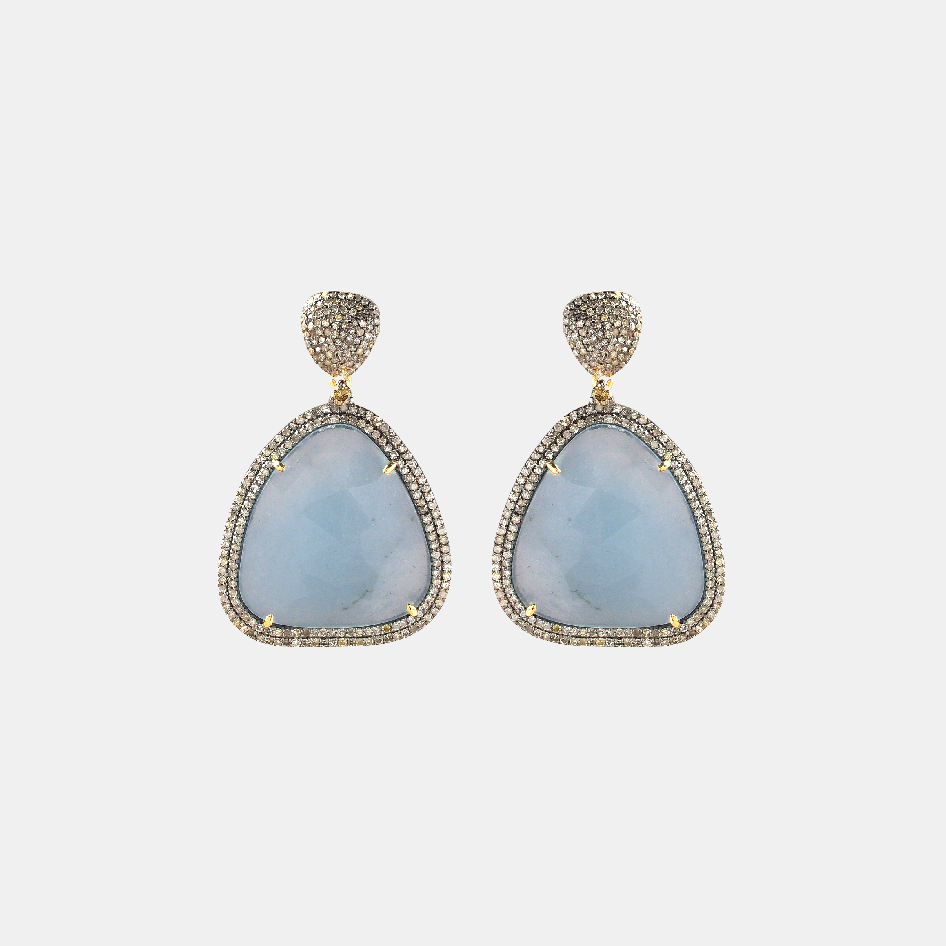 Pair of gold and silver earrings, decorated with aquamarines and diamonds