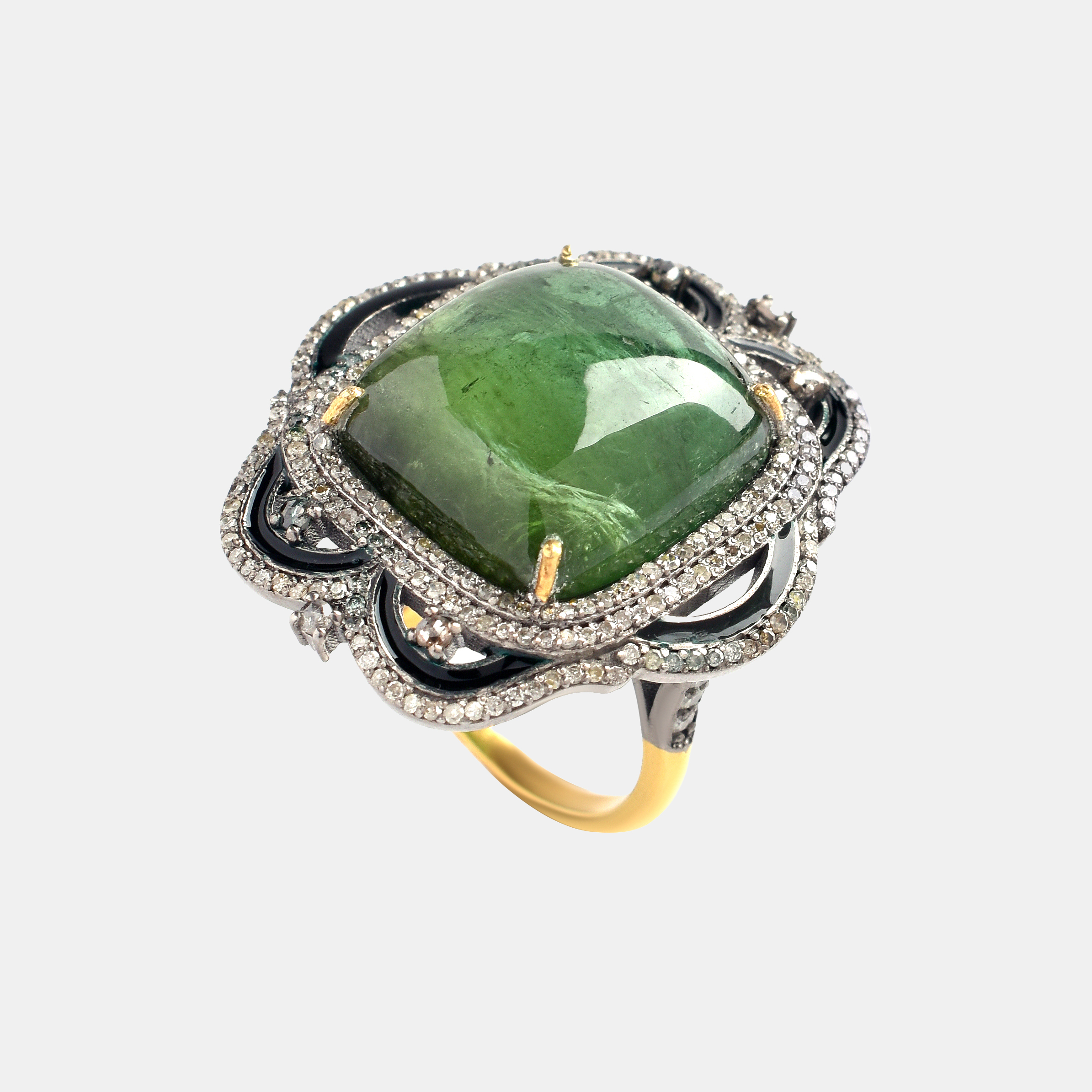 Gilded silver ring, decorated with green tourmaline and diamonds