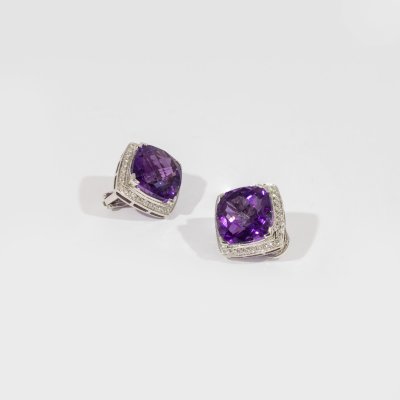 Pereche de cercei din aur alb, decorată cu ametiste și diamante
