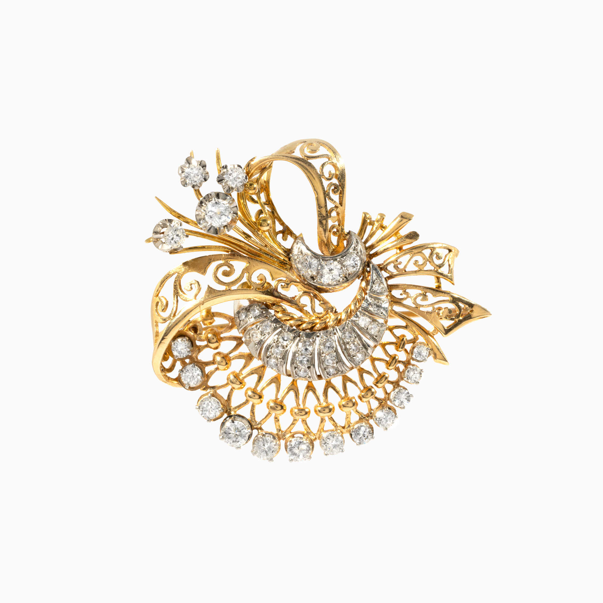 Bicolor gold brooch in Art Nouveau style, in the shape of a moon, decorated with diamonds