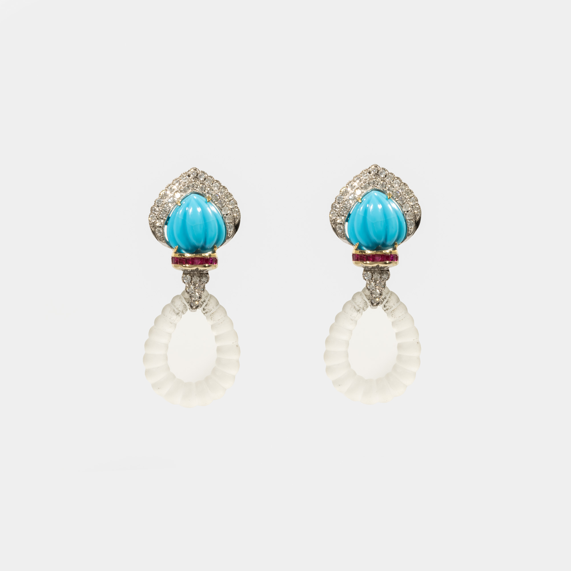 Pair of white gold earrings, decorated with turquoise, diamonds and rubies