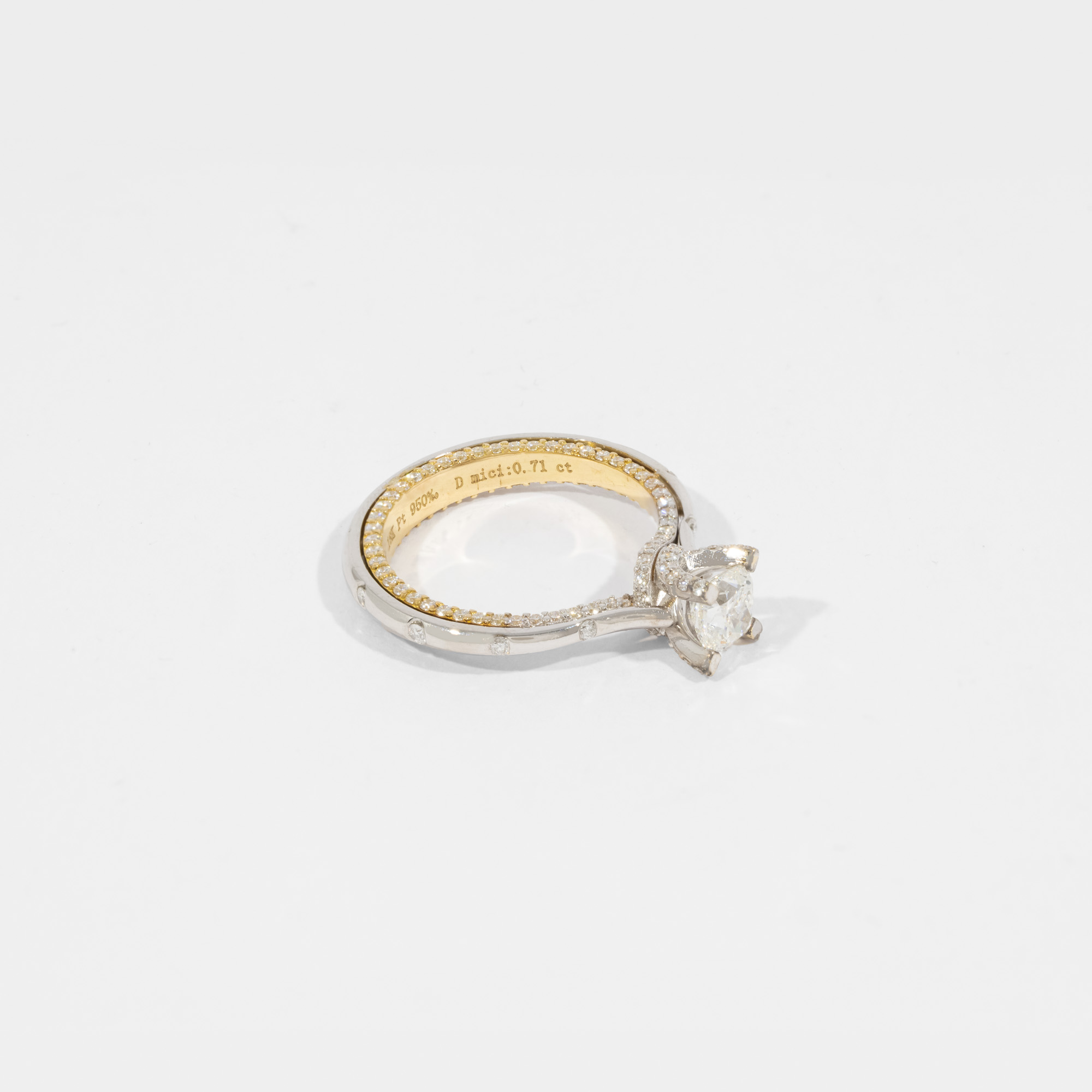 "Forever" - gold and platinum ring, decorated with a GIA solitaire diamond, surrounded by side diamonds, accompanied by an additional gemological certificate