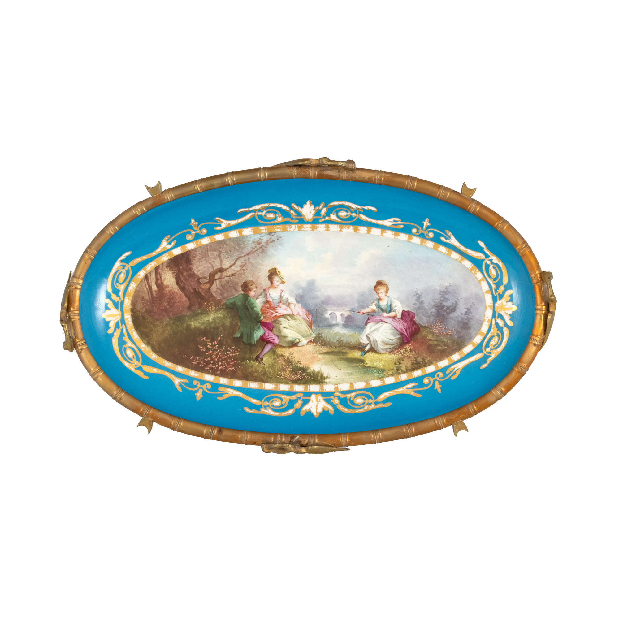 Sèvres style platter, decorated with bucolic scene and doré bronze mounting, cca. 1880