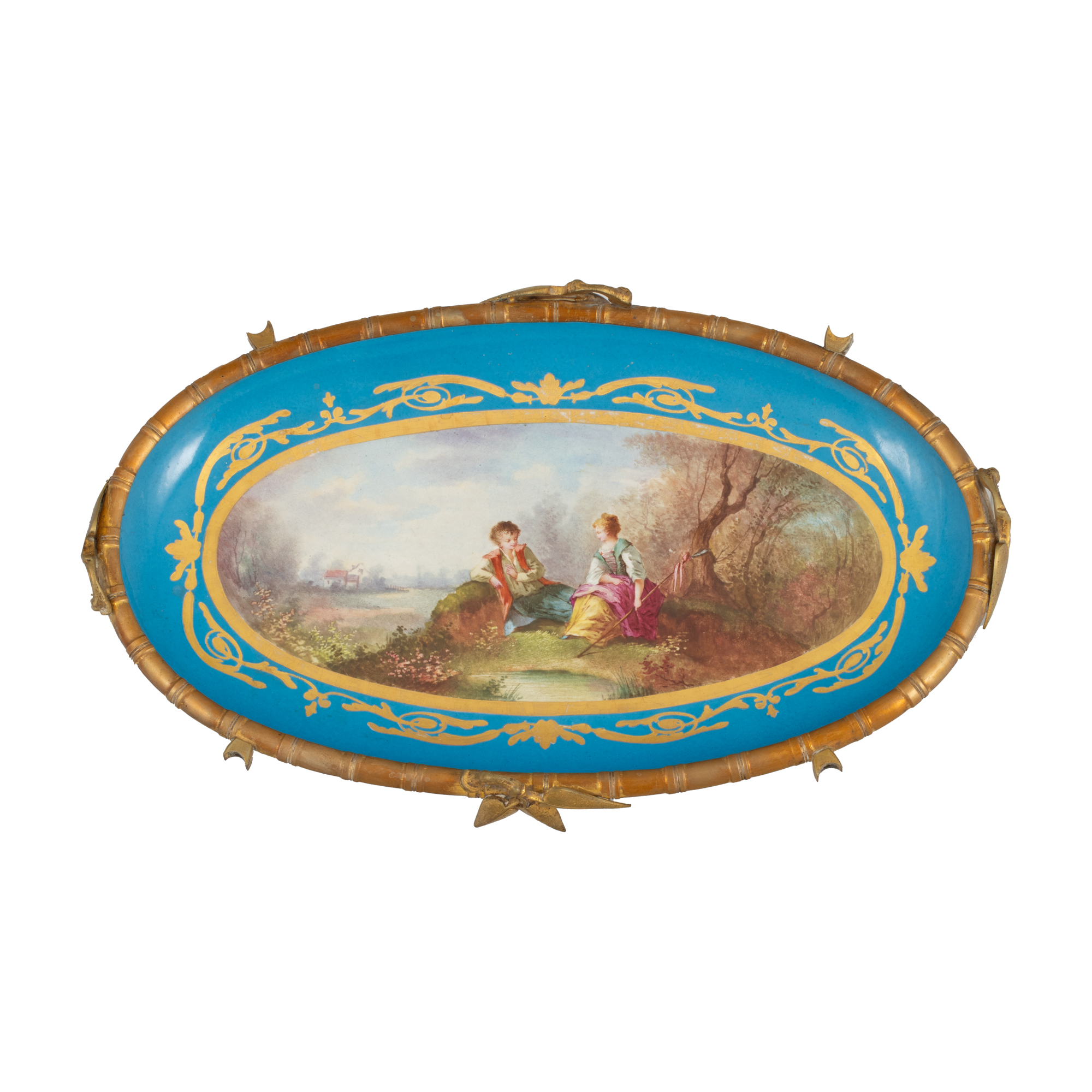 Platou în manieră Sèvres, decorat cu scenă galantă și montură din bronz doré, cca. 1890