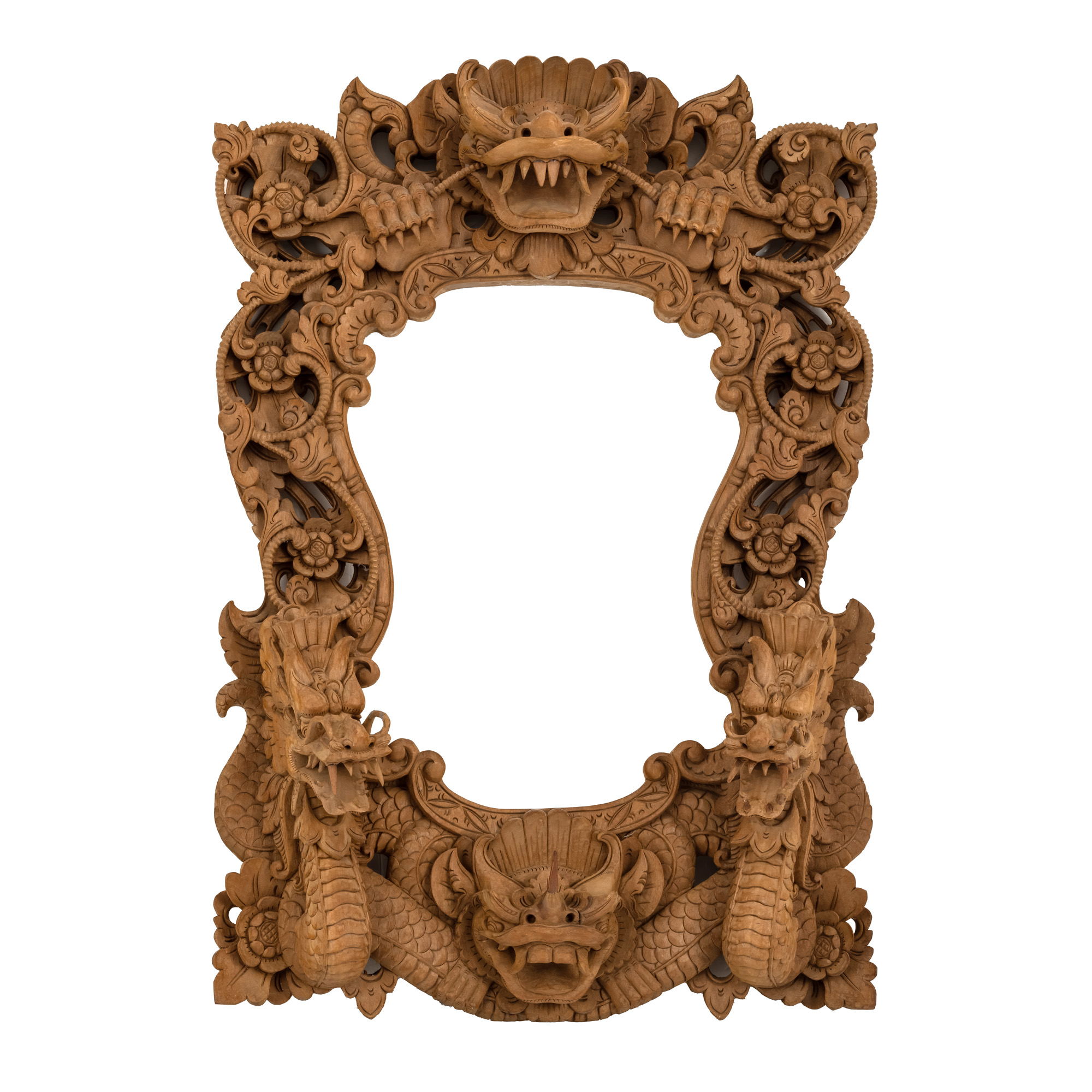 Balinese frame, made of carved exotic wood, depicting dragons