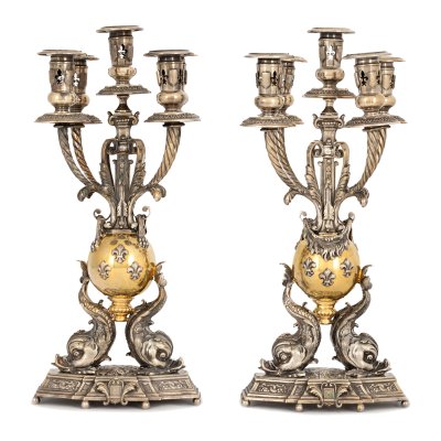 Monumental pair of Brandimarte candelabra, partially gilded silver, decorated with marine elements and fleur-de-lis