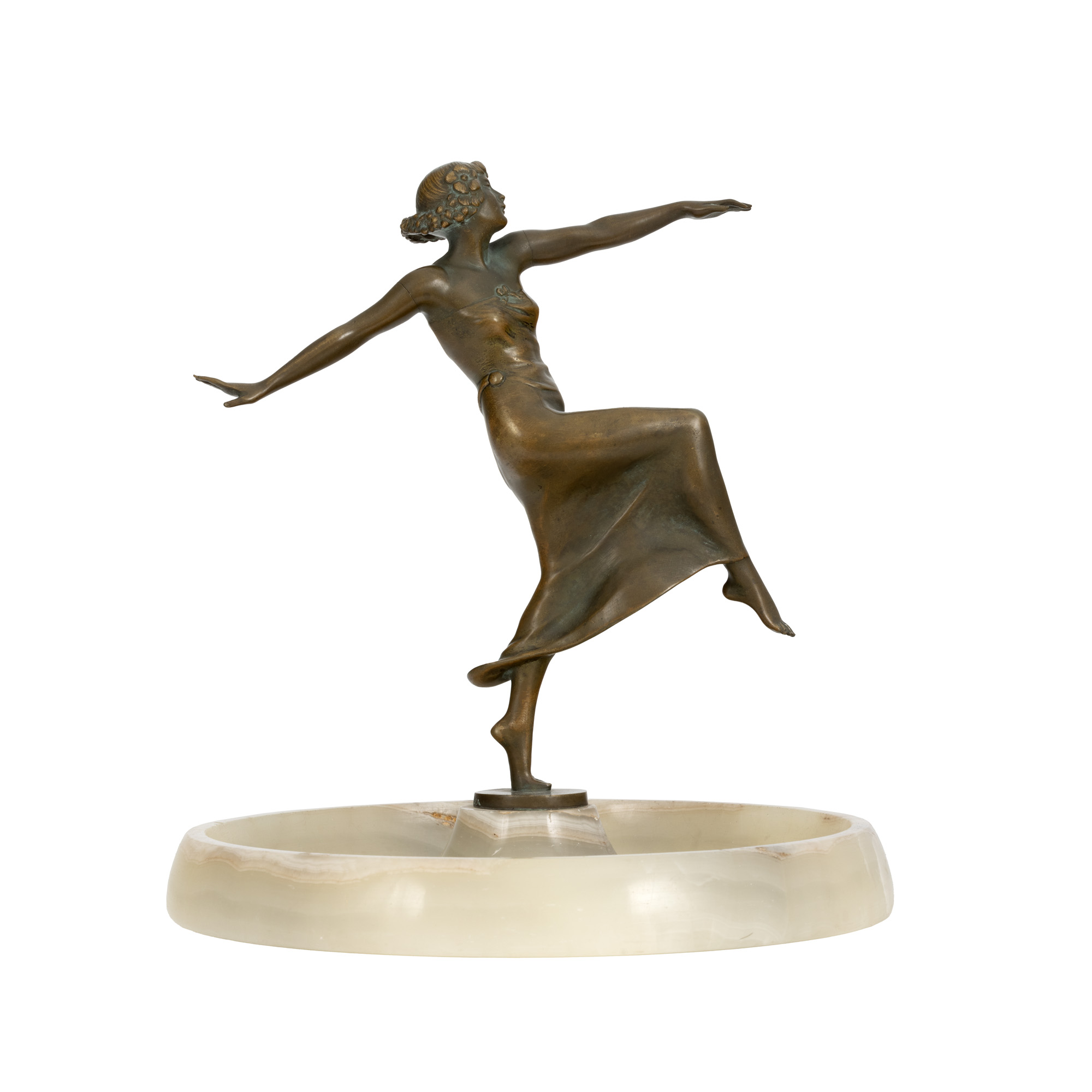 ”Dansatoare” - statuetă decorativă, din bronz pe postament de onix, autor Otto Hafenrichter, posibil vide-poche ori scrumieră, cca. 1920