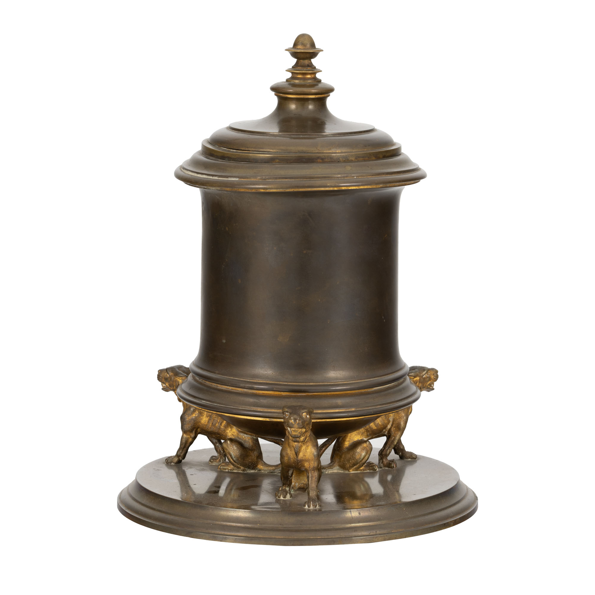 Neo-Classical style urn, made of bronze, decorated with three felines, circa 1930
