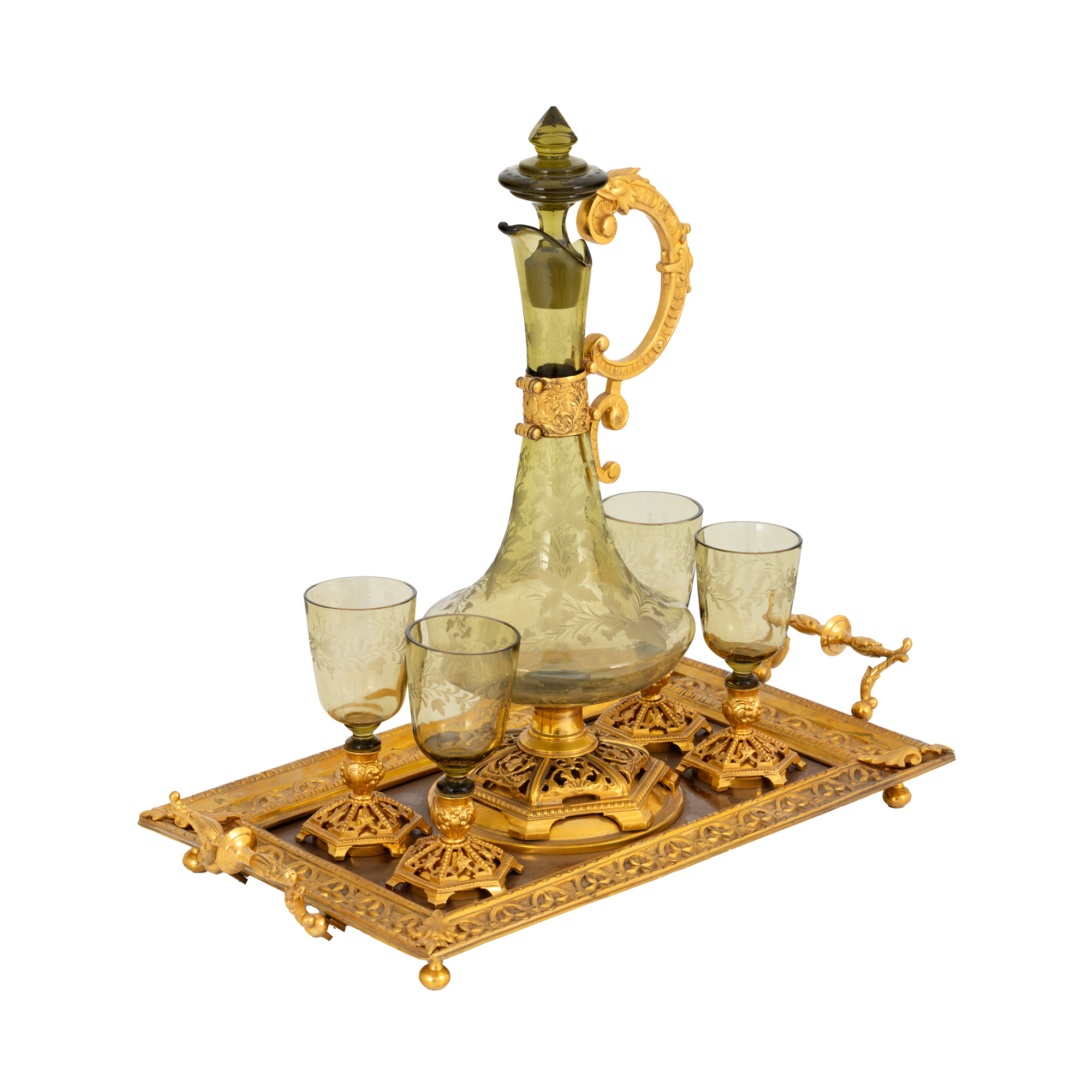 Gilt bronze and green crystal liqueur service, consisting of decanter, four glasses and tray, cca. 1900