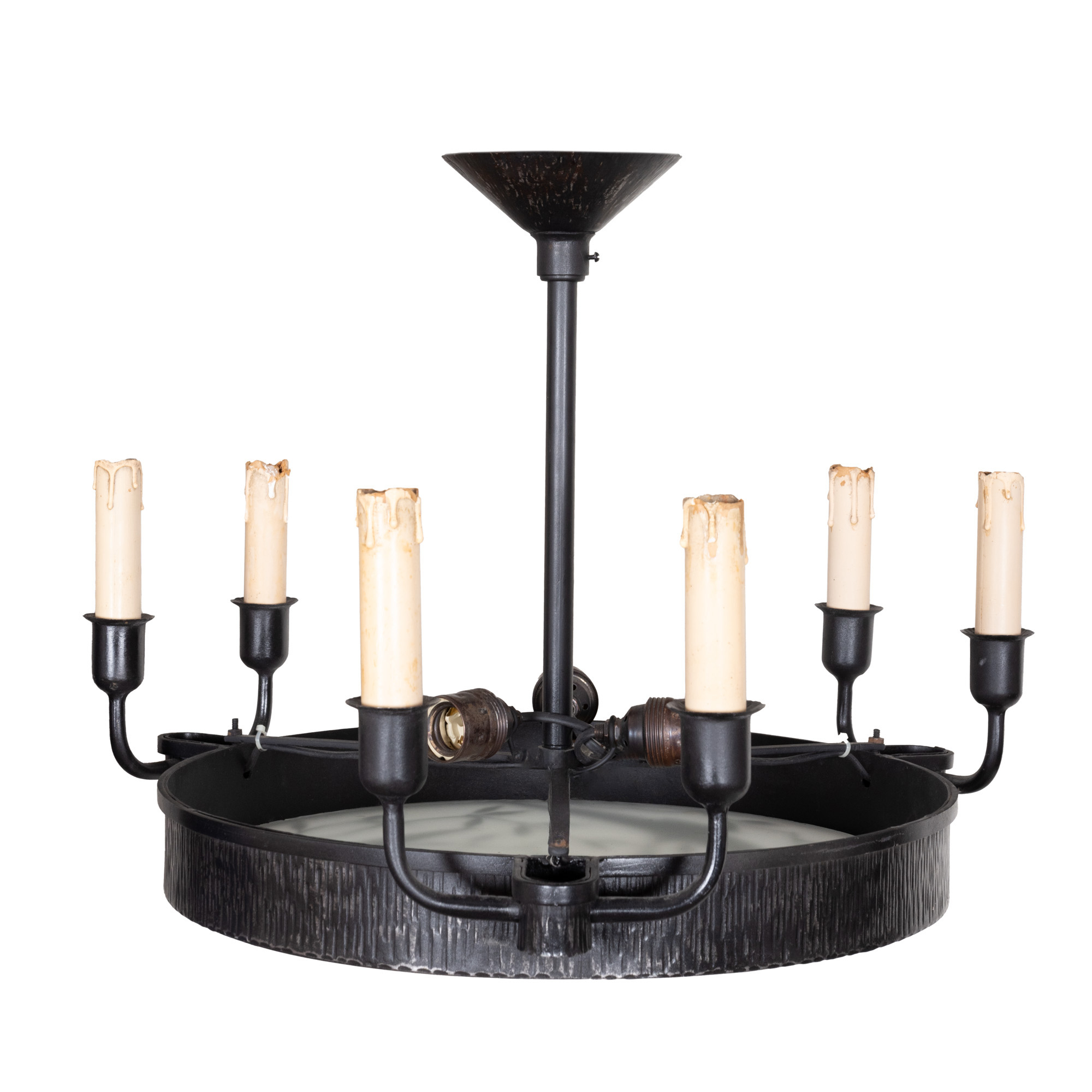 Art Deco ceiling lamp, made of wrought iron, decorated with six lights, cca. 1930