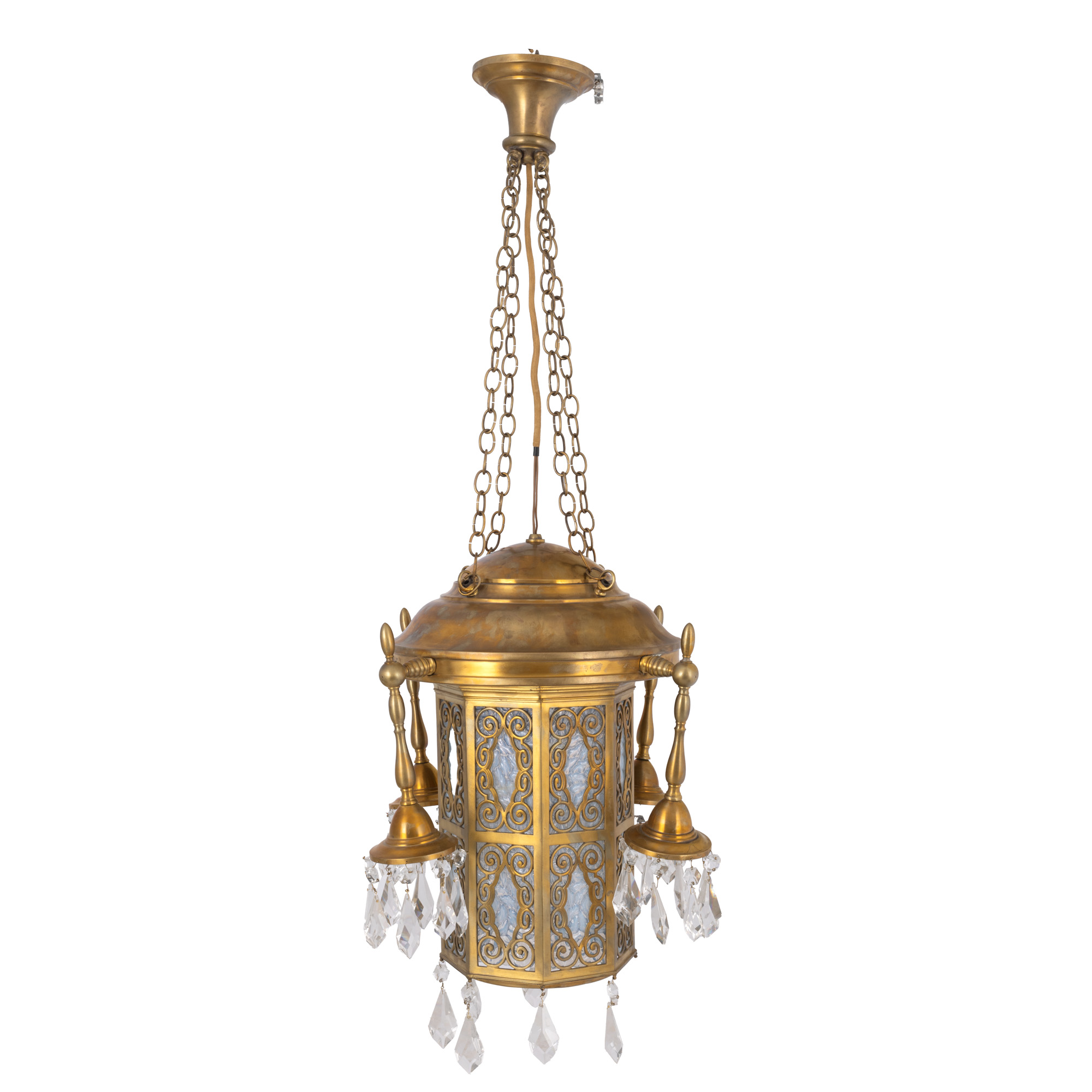 Chandelier made in an oriental manner, from gilded bronze and crystal ornaments, first half of the 20th century