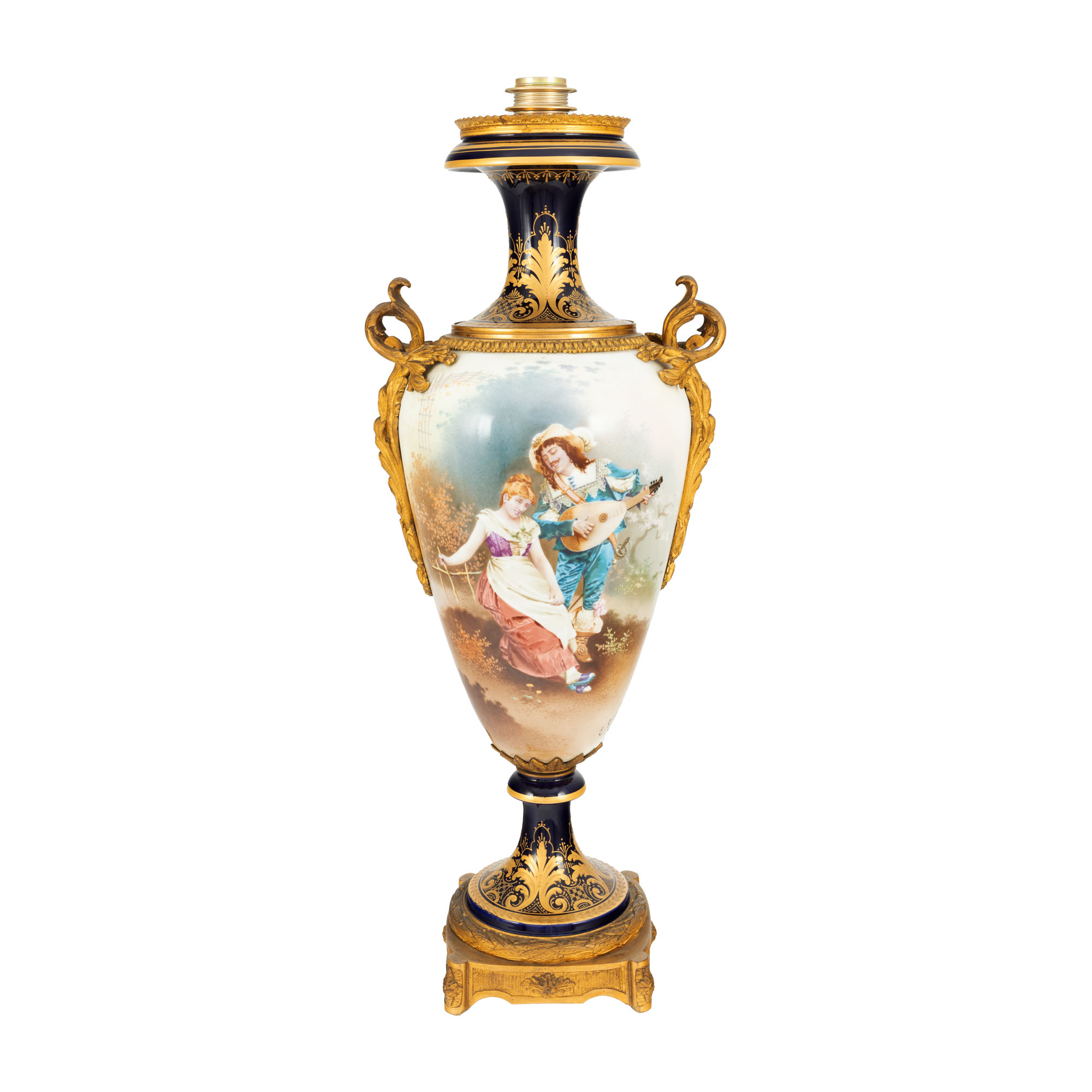 Lampă în manieră Sèvres din porțelan, cu montură din bronz doré, decorat cu scenă galantă, semnat E. Grisard, sfârșitul sec. XIX