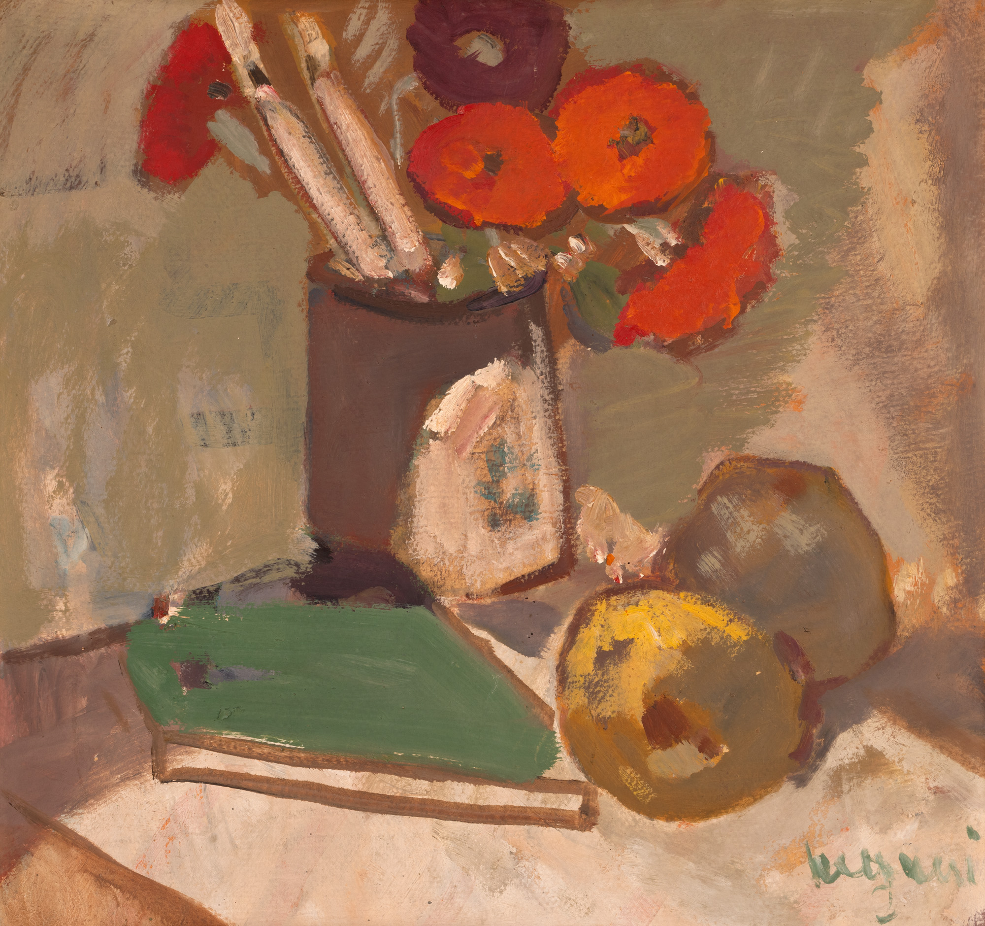 Flowers, brushes and books