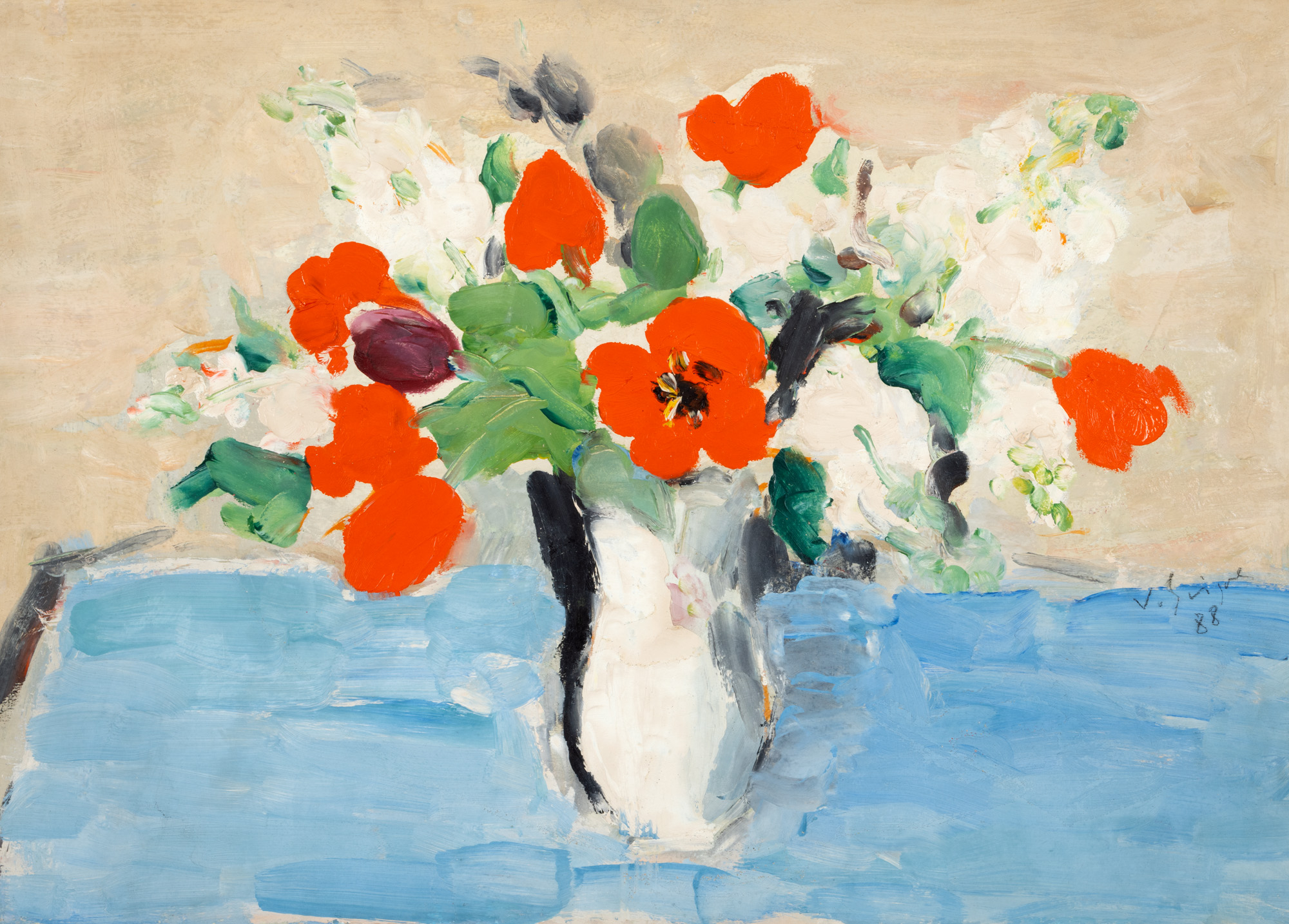 Vase with tulips and lilac