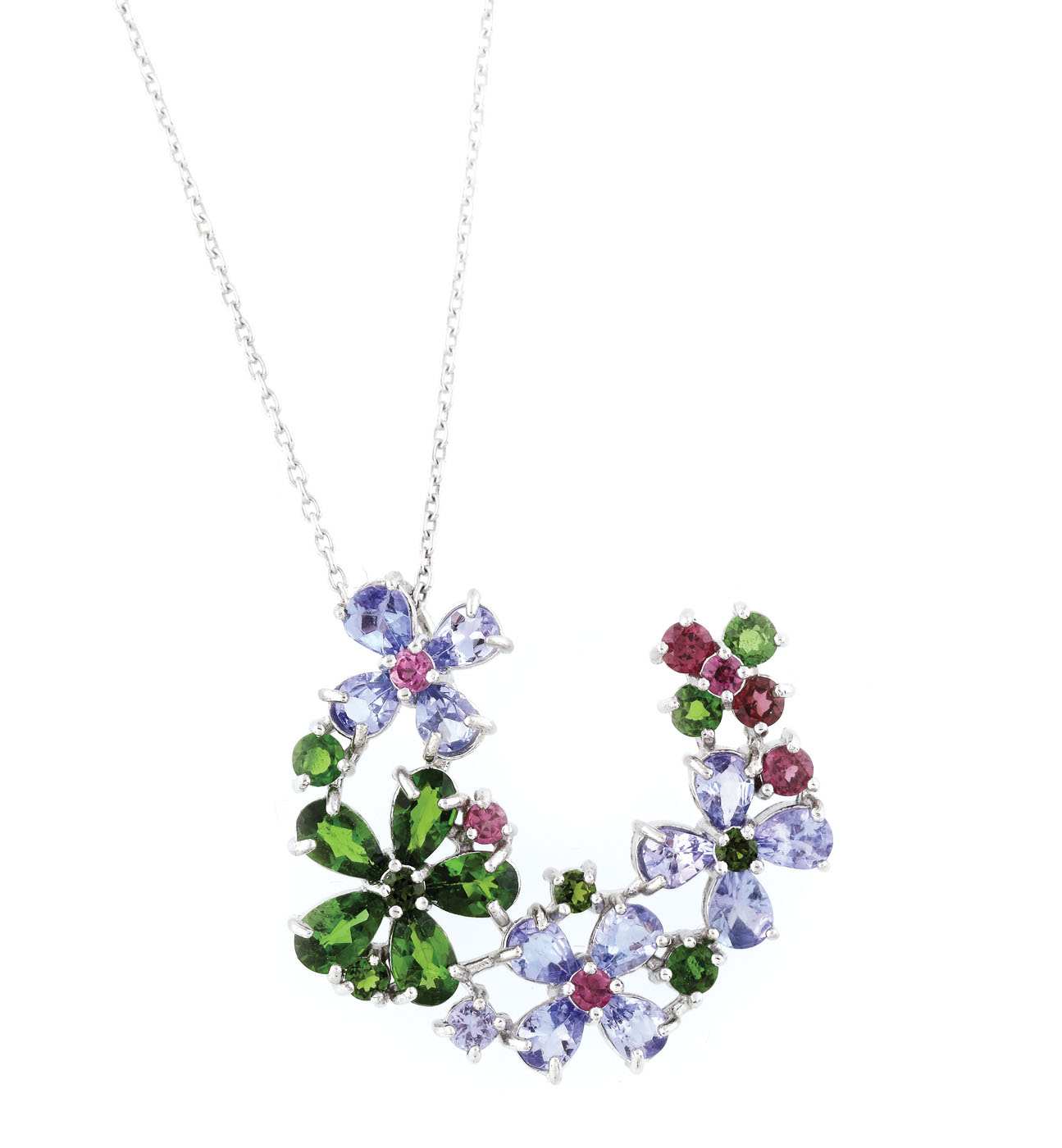 Lanț cu pandantiv din argint aurit, decorat cu flori din tanzanite, crom diopside și granate