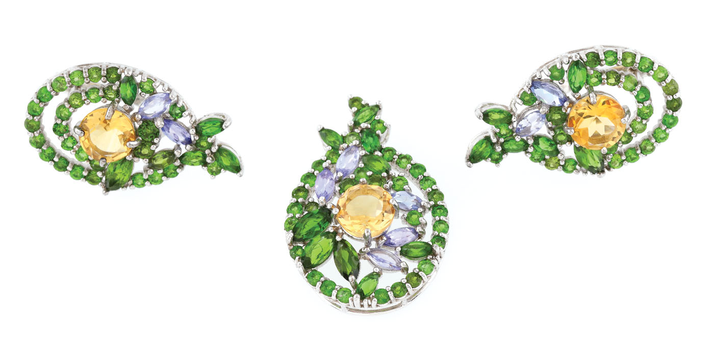 Set compus din pereche de cercei și pandantiv, din argint aurit, decorat cu citrine, tanzanite și crom diopside