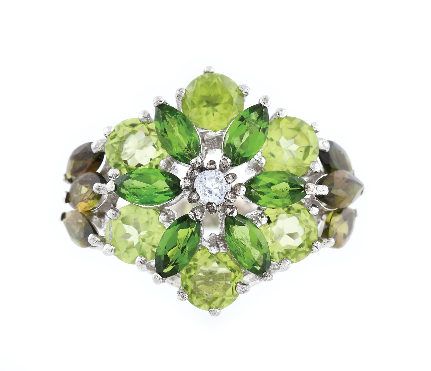 Inel din argint aurit decorat cu safir alb, peridote, turmaline și crom diopside